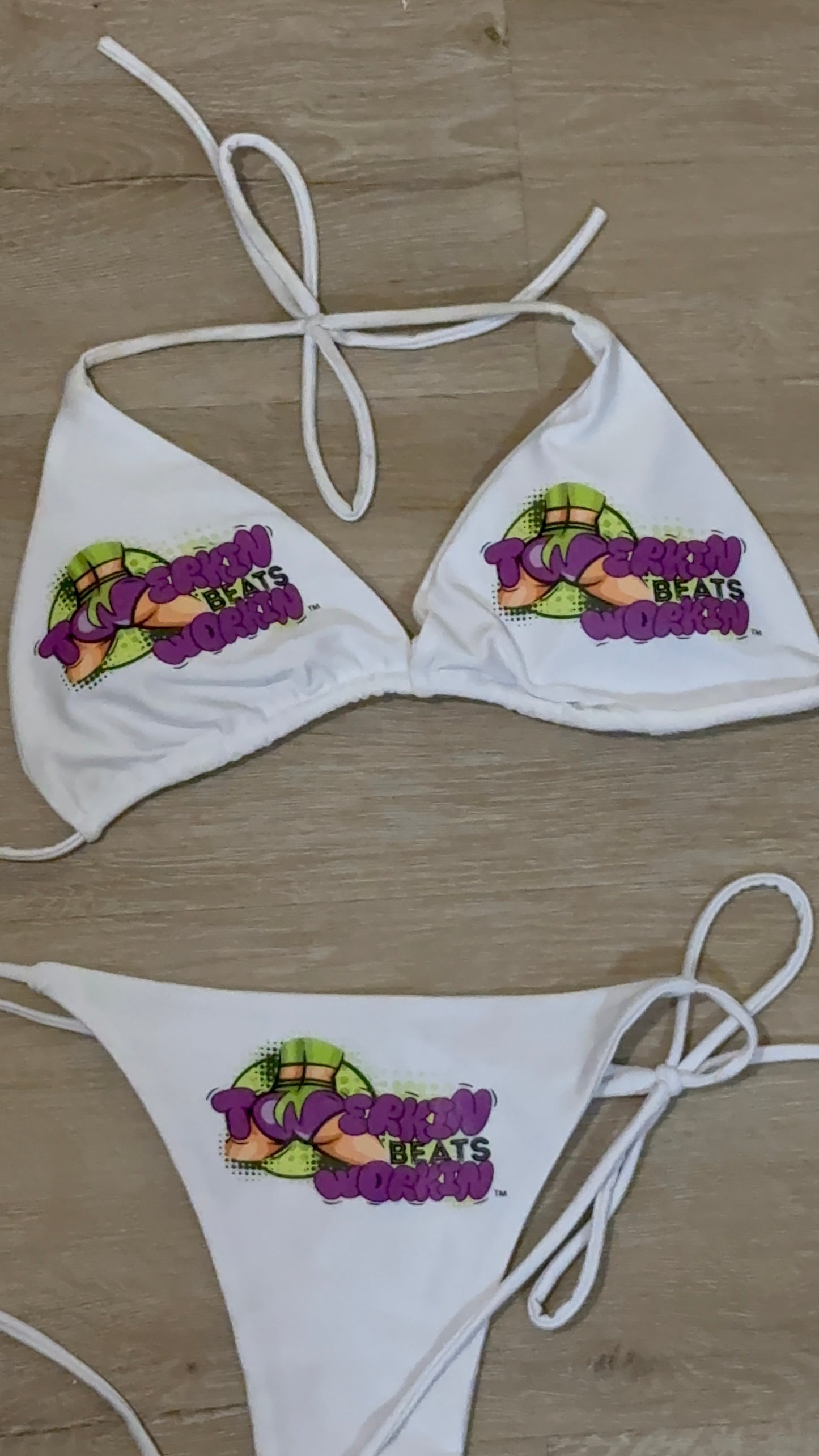 Purple & green Twerkin’ Beats Workin’ booty designed thong string Bikini