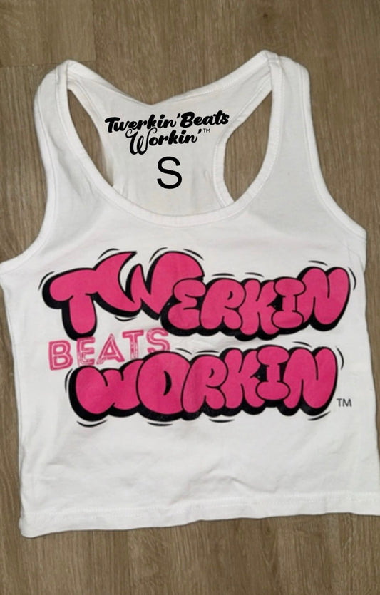 Twerkin’ Beats Workin’ hot pink design on front of tank/ glitter Tbw on back
