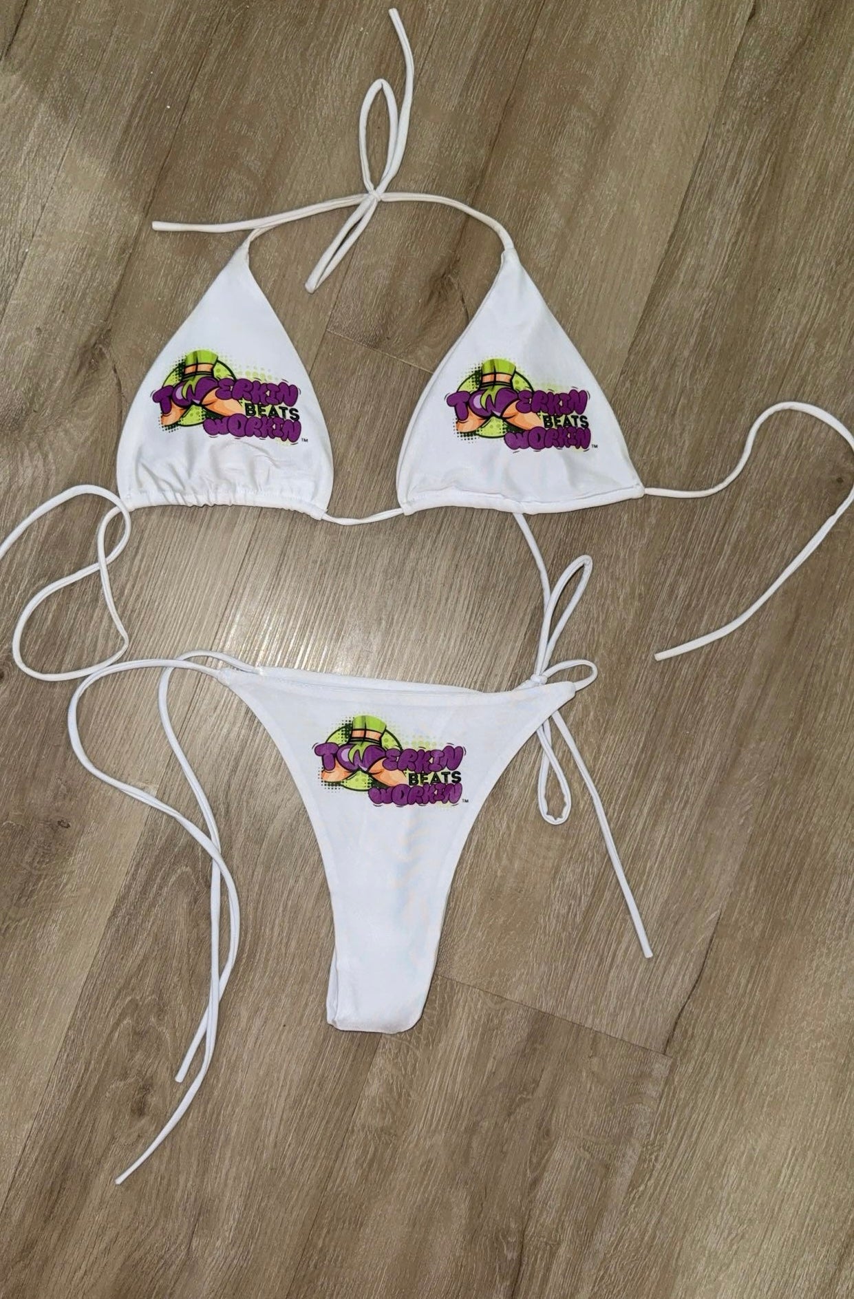 Purple & green Twerkin’ Beats Workin’ booty designed thong string Bikini