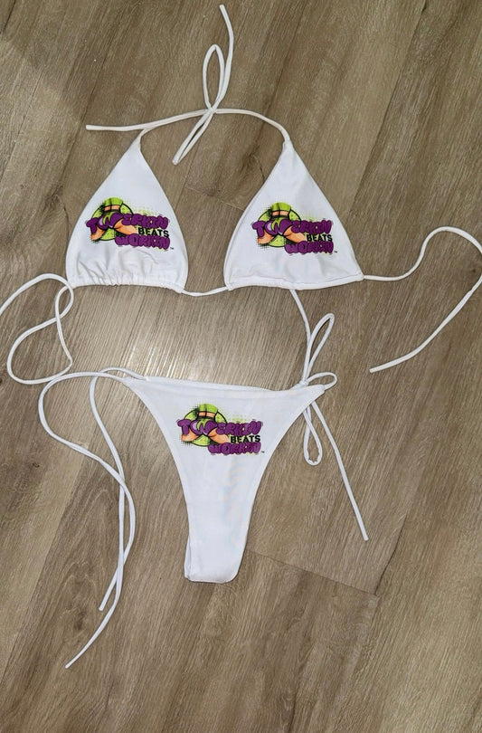 Purple & green Twerkin’ Beats Workin’ booty designed thong string Bikini