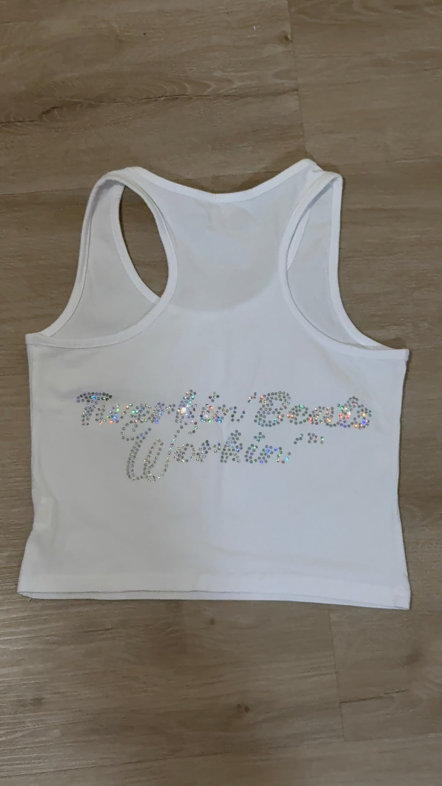 Orange and green TBW design on front of tank/glitter TBW on back of tank