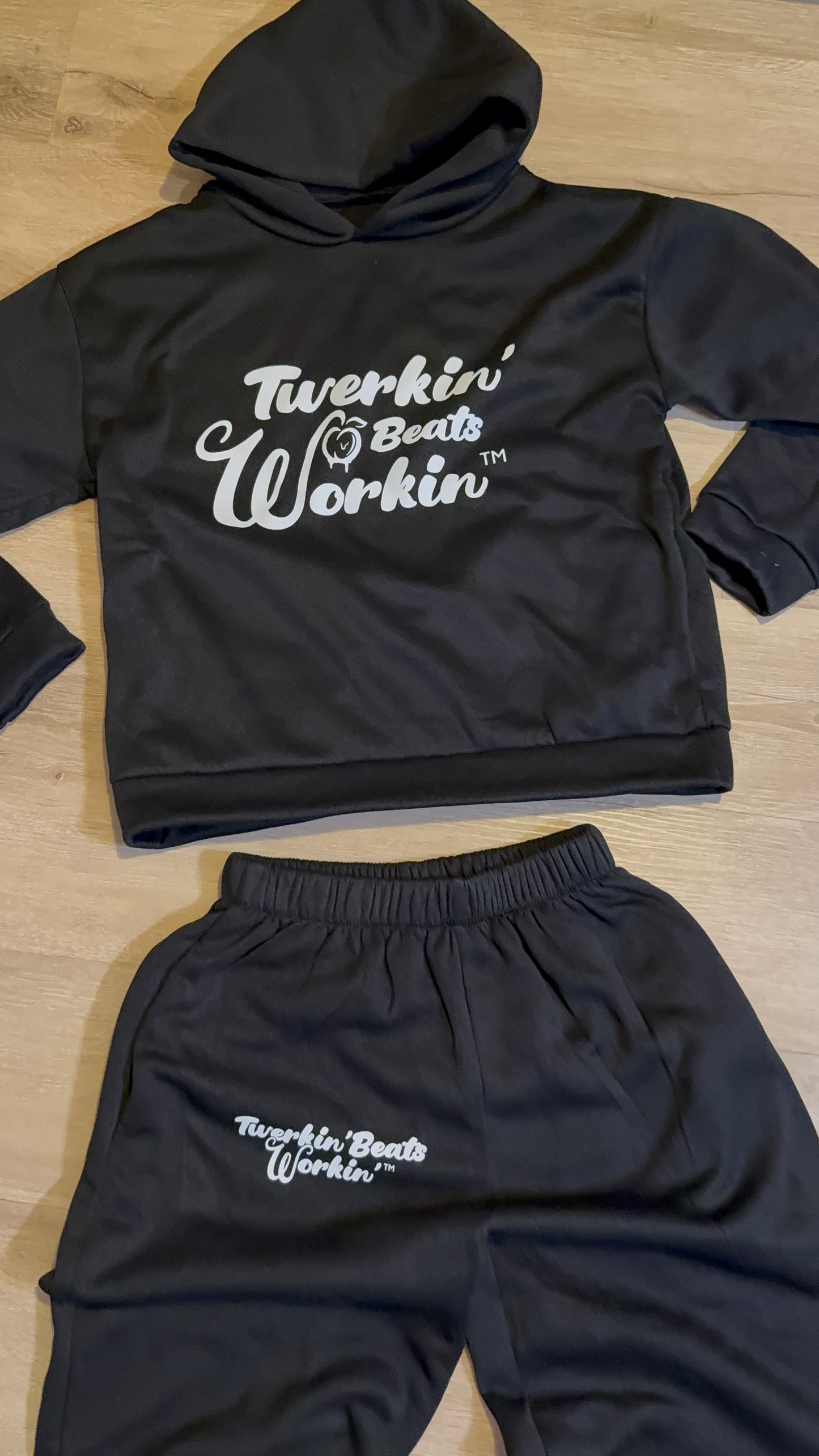 Black Unisex Twerkin’ Beats Workin’ peach design front of hoodie back of pants jogger set