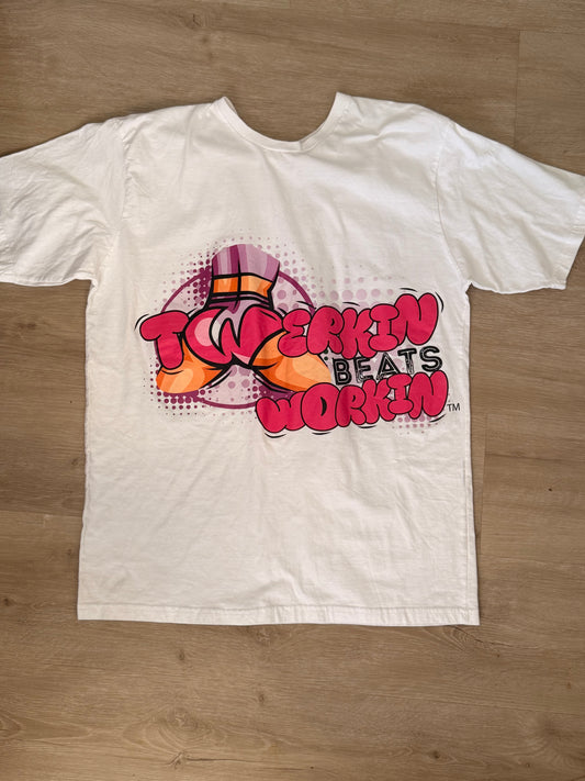 Pink and purple TBW design on front of t-shirt