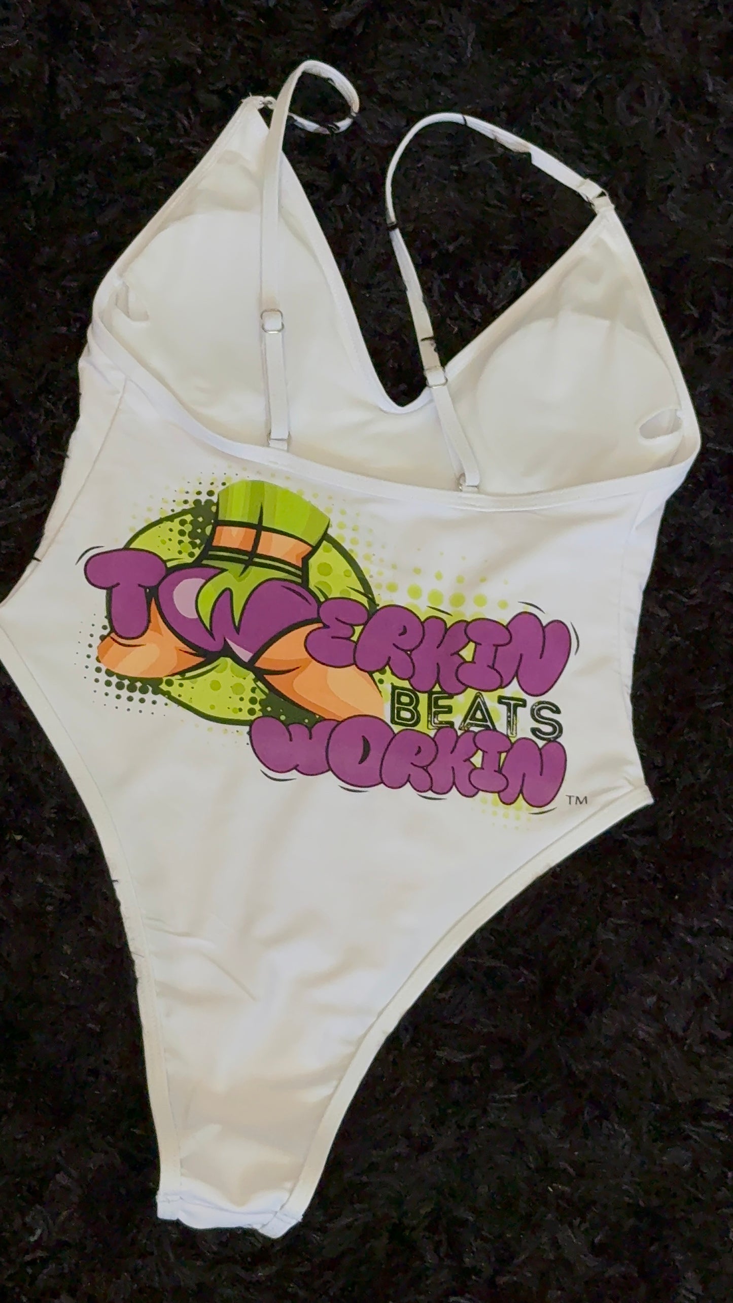 Purple and green booty designed Twerkin’ Beats Workin’ one piece