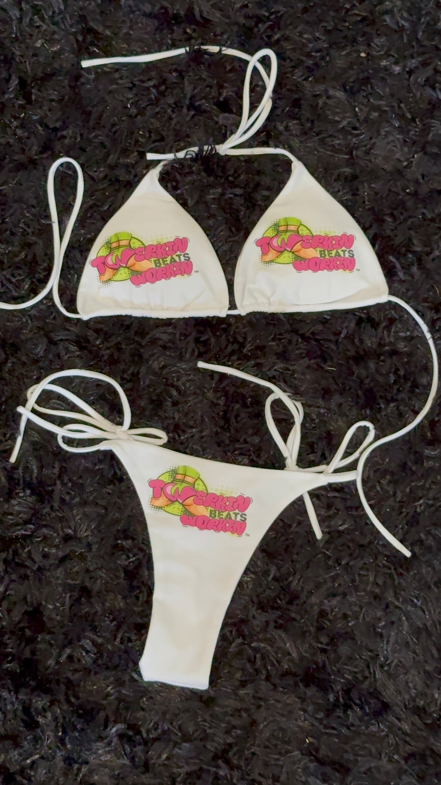 Pink & green Twerkin’ Beats Workin’ booty design thong string Bikini