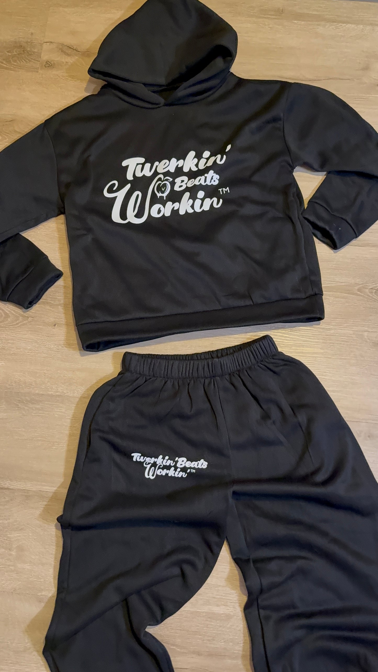 Black Unisex Twerkin’ Beats Workin’ peach design front of hoodie back of pants jogger set