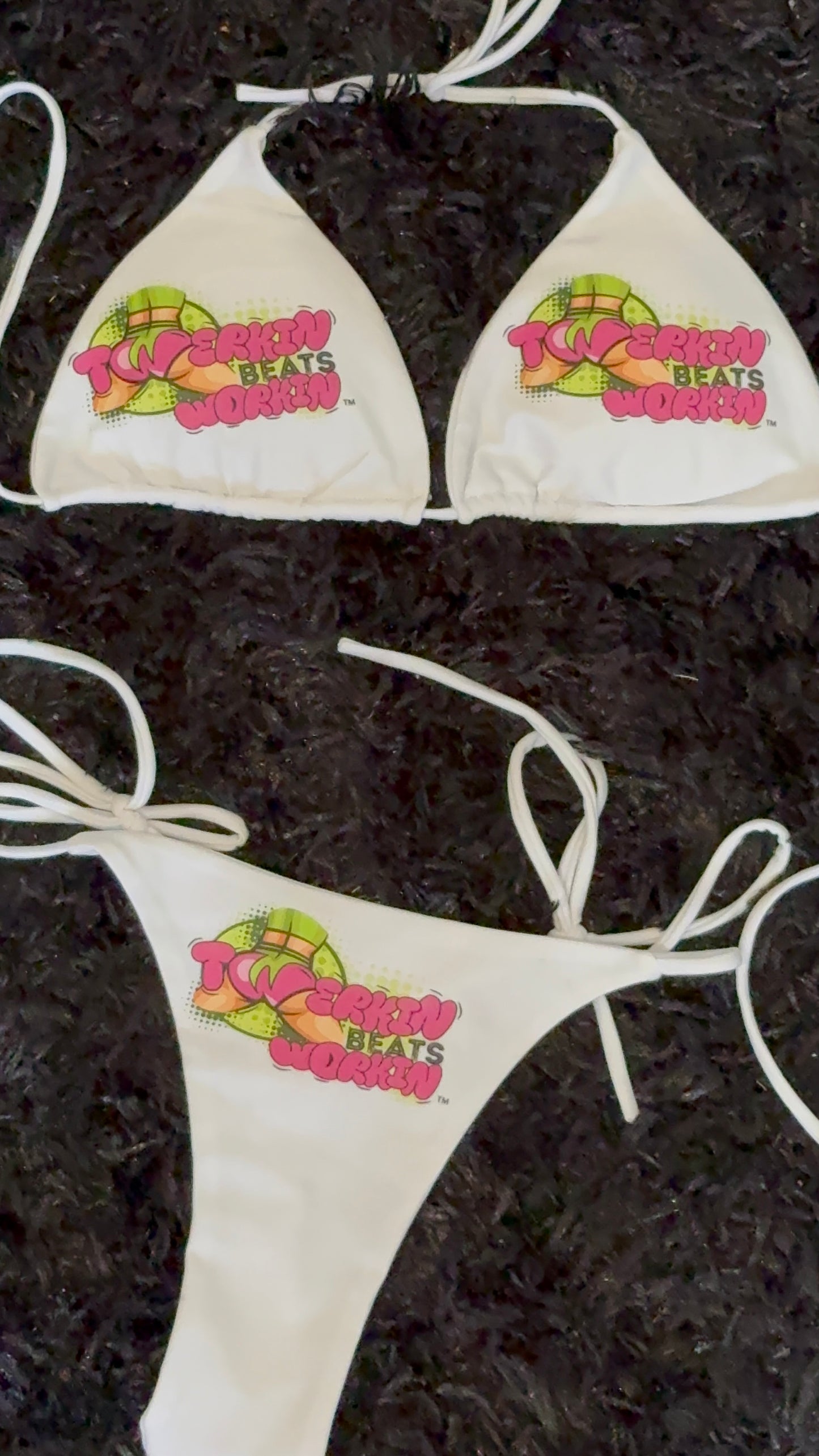 Pink & green Twerkin’ Beats Workin’ booty design thong string Bikini