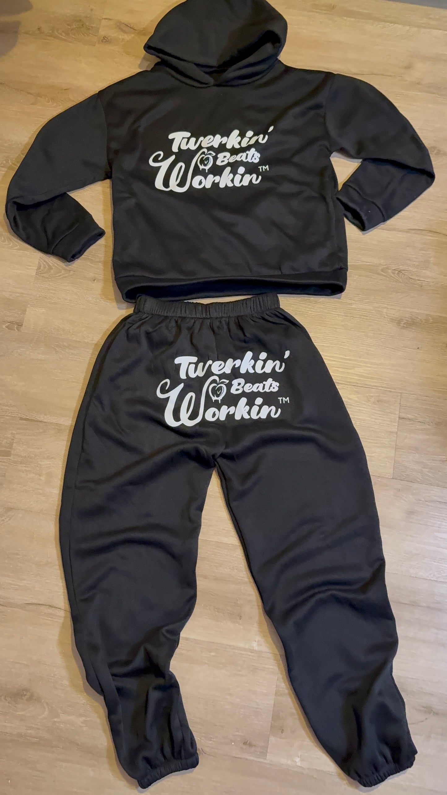 Black Unisex Twerkin’ Beats Workin’ peach design front of hoodie back of pants jogger set