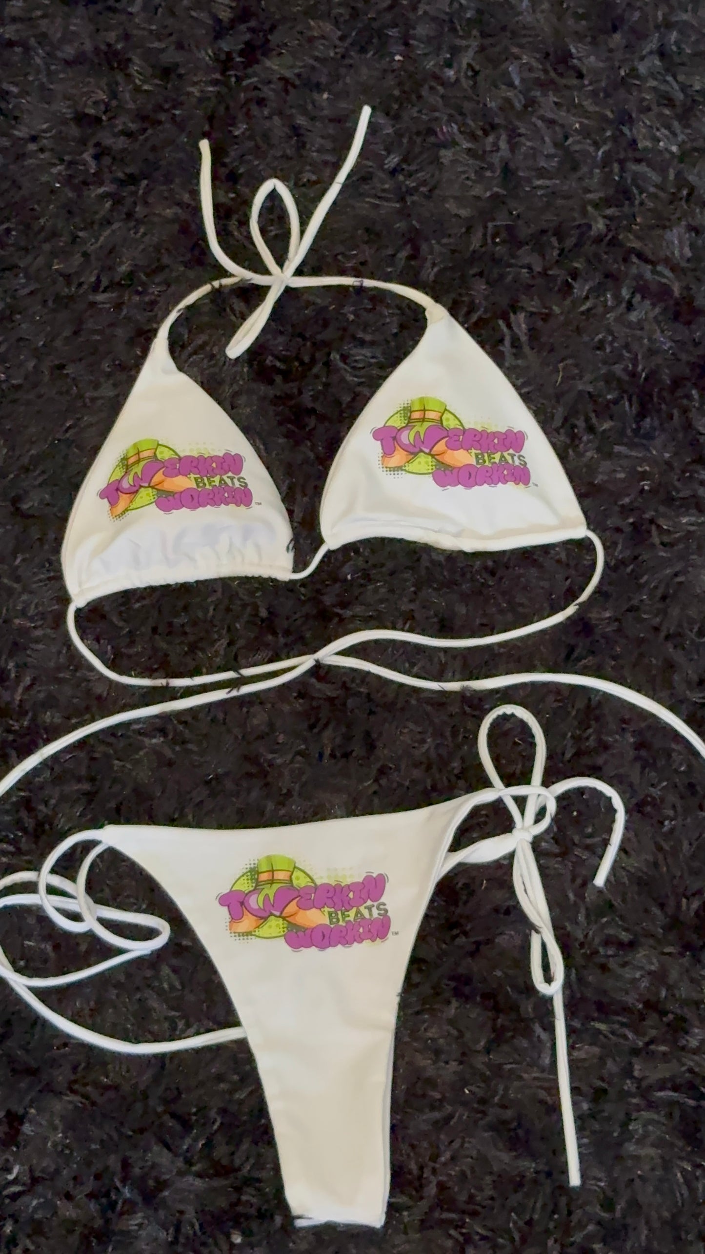 Purple & green Twerkin’ Beats Workin’ booty designed thong string Bikini