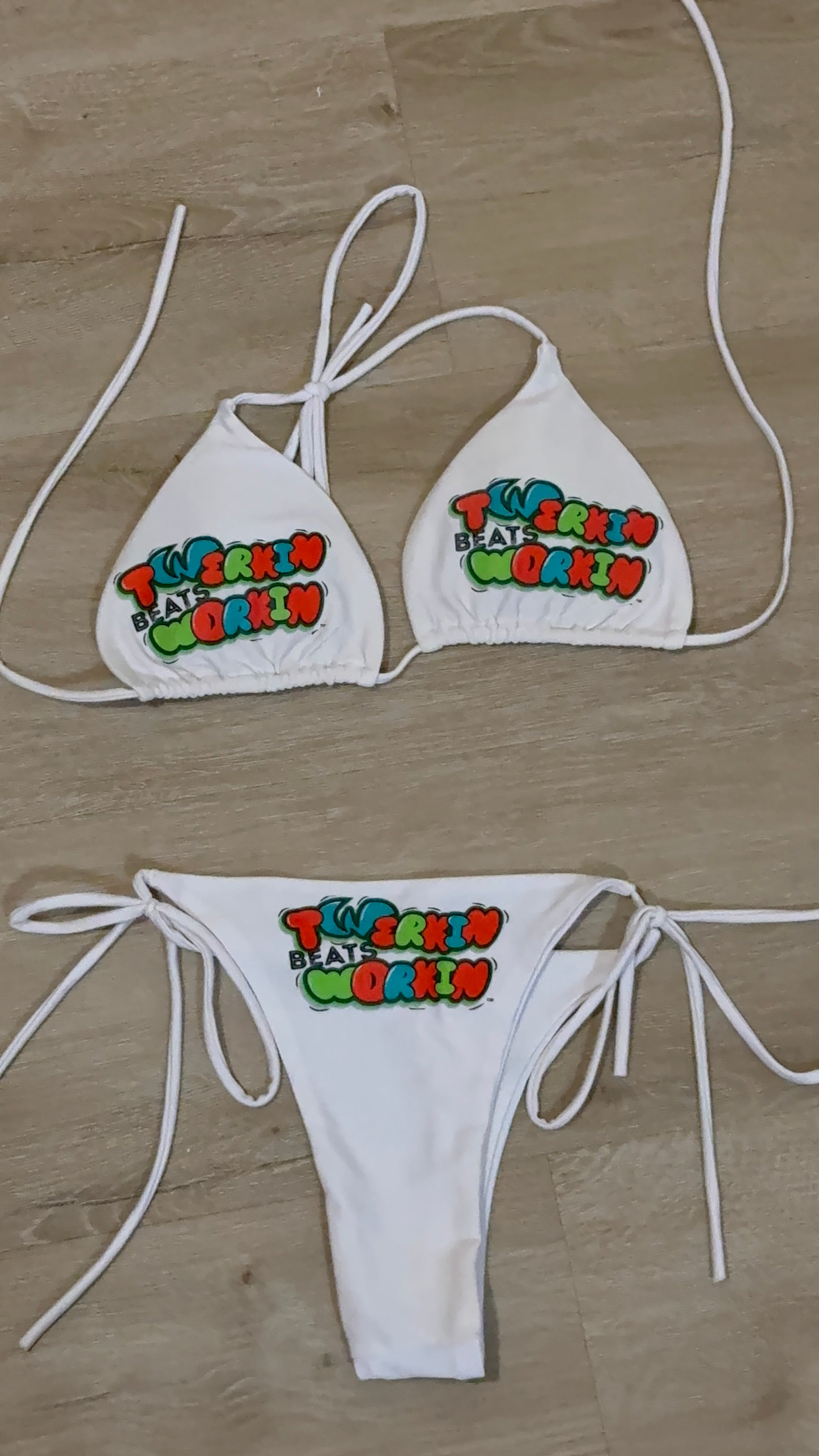 Orange, blue & green Twerkin’ Beats Workin’ designed string thong bikini