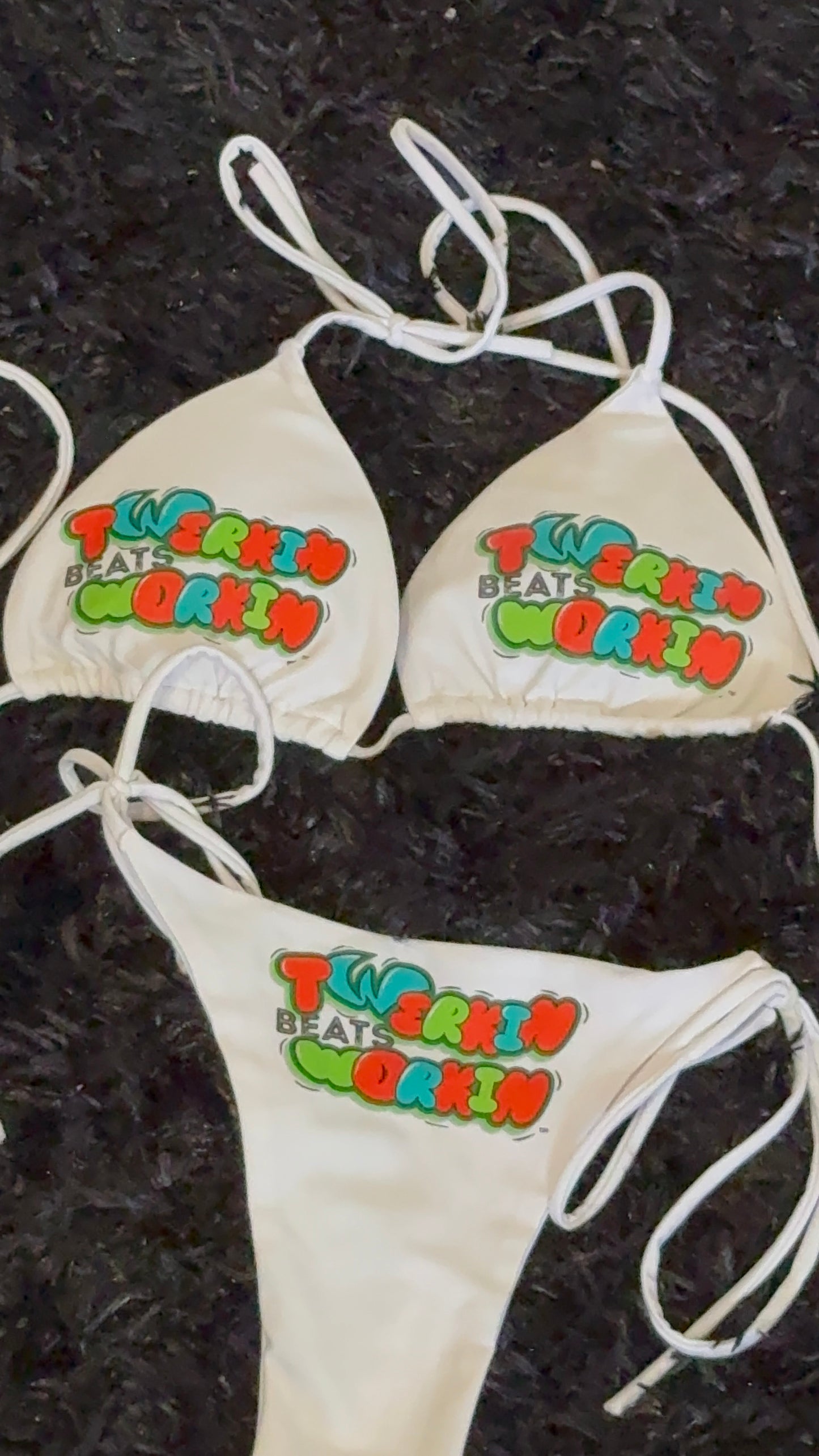 Orange, blue & green Twerkin’ Beats Workin’ designed string thong bikini