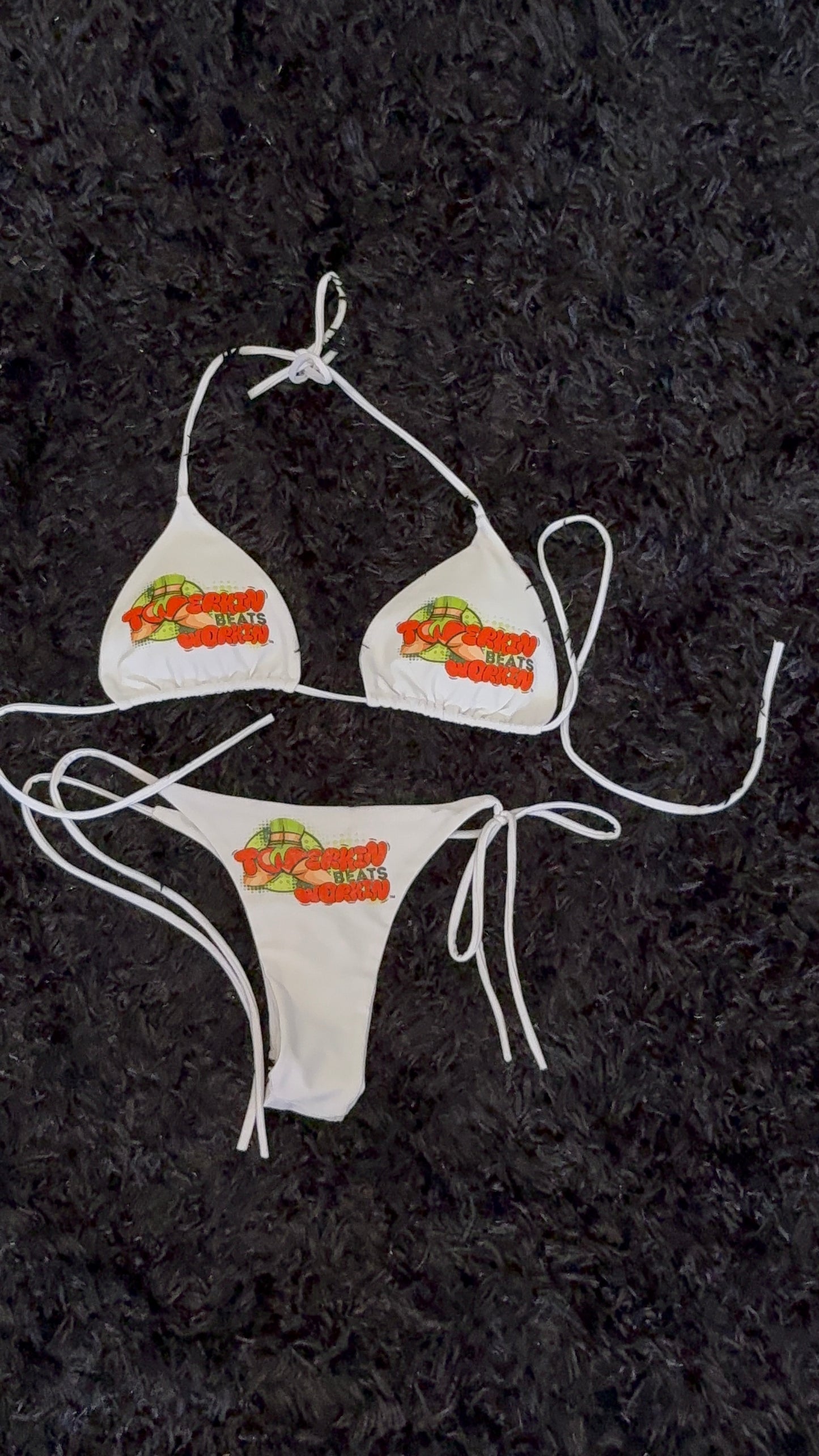 Orange & green Twerkin Beats Workin’ Booty designed string thong Bikini