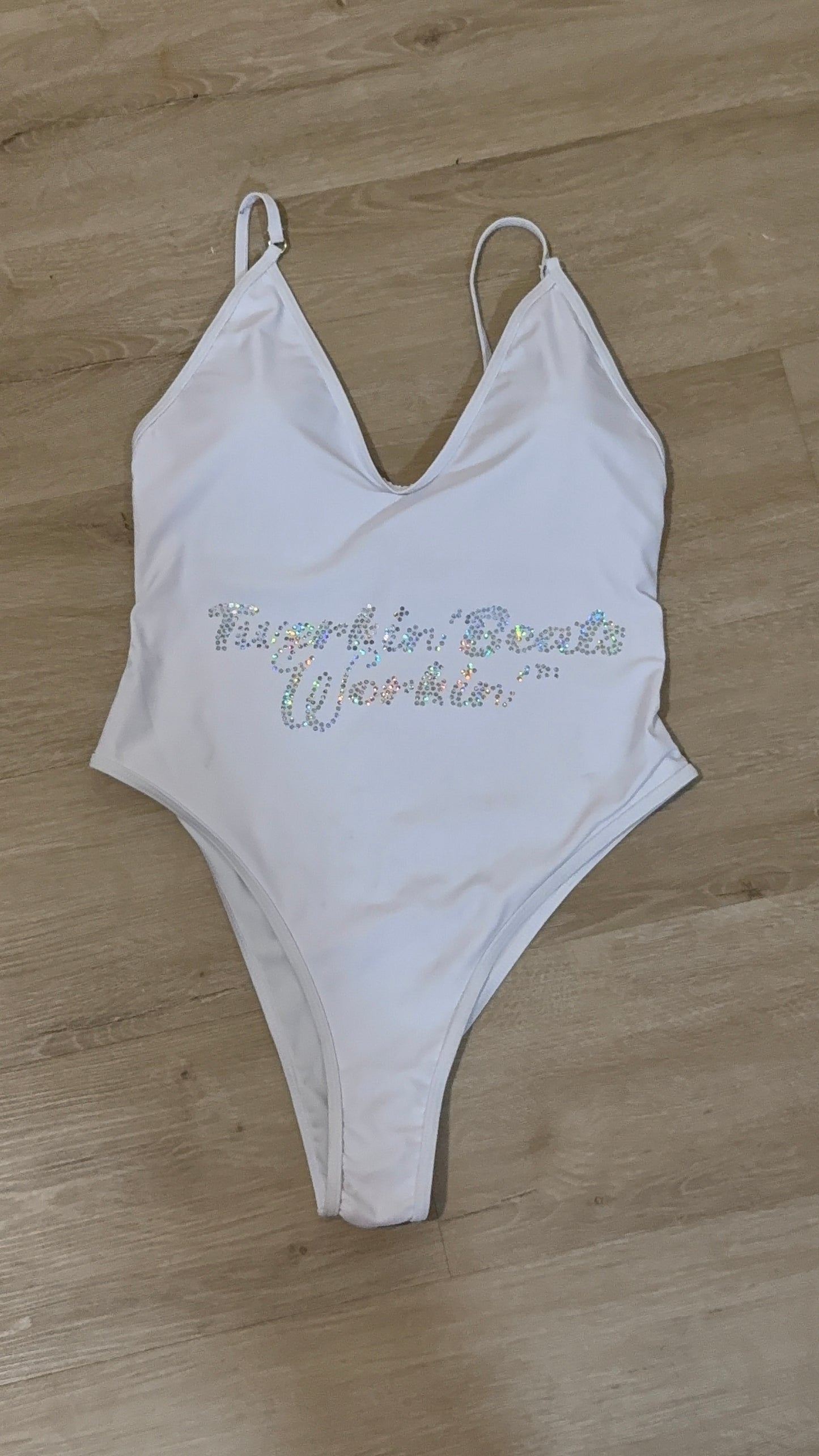 Pink and purple Twerkin’ Beats Workin’ booty designed one piece