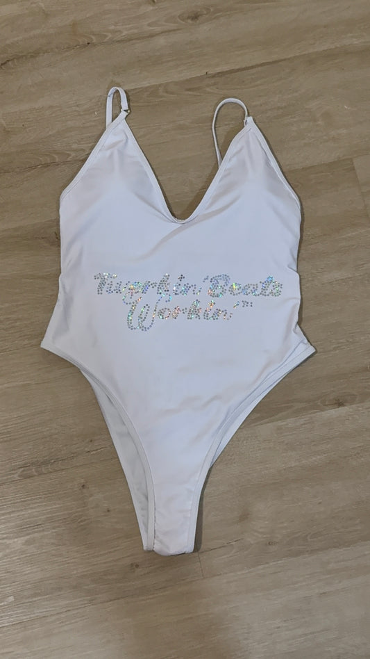 Pink and purple Twerkin’ Beats Workin’ booty designed one piece