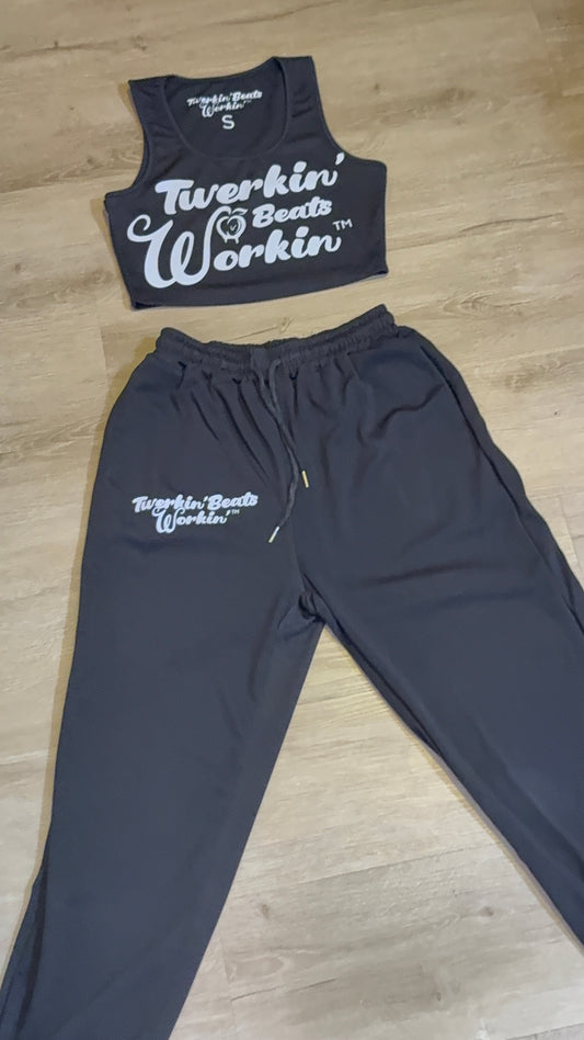 Wonen’s black crop top Jogger with white Twerkin’ Beats Workin’ peach design