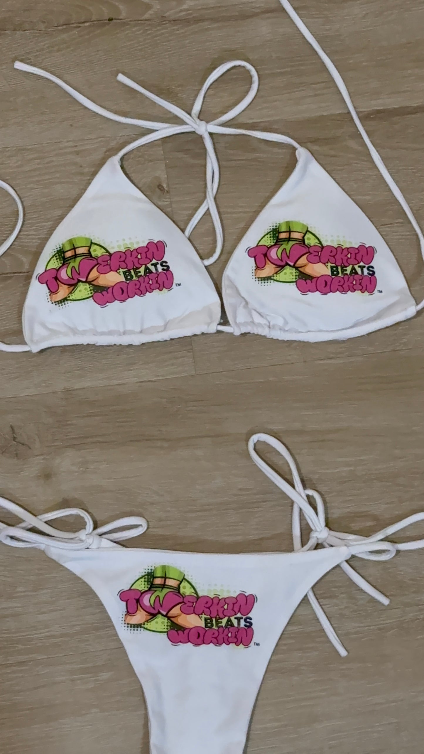 Pink & green Twerkin’ Beats Workin’ booty design thong string Bikini
