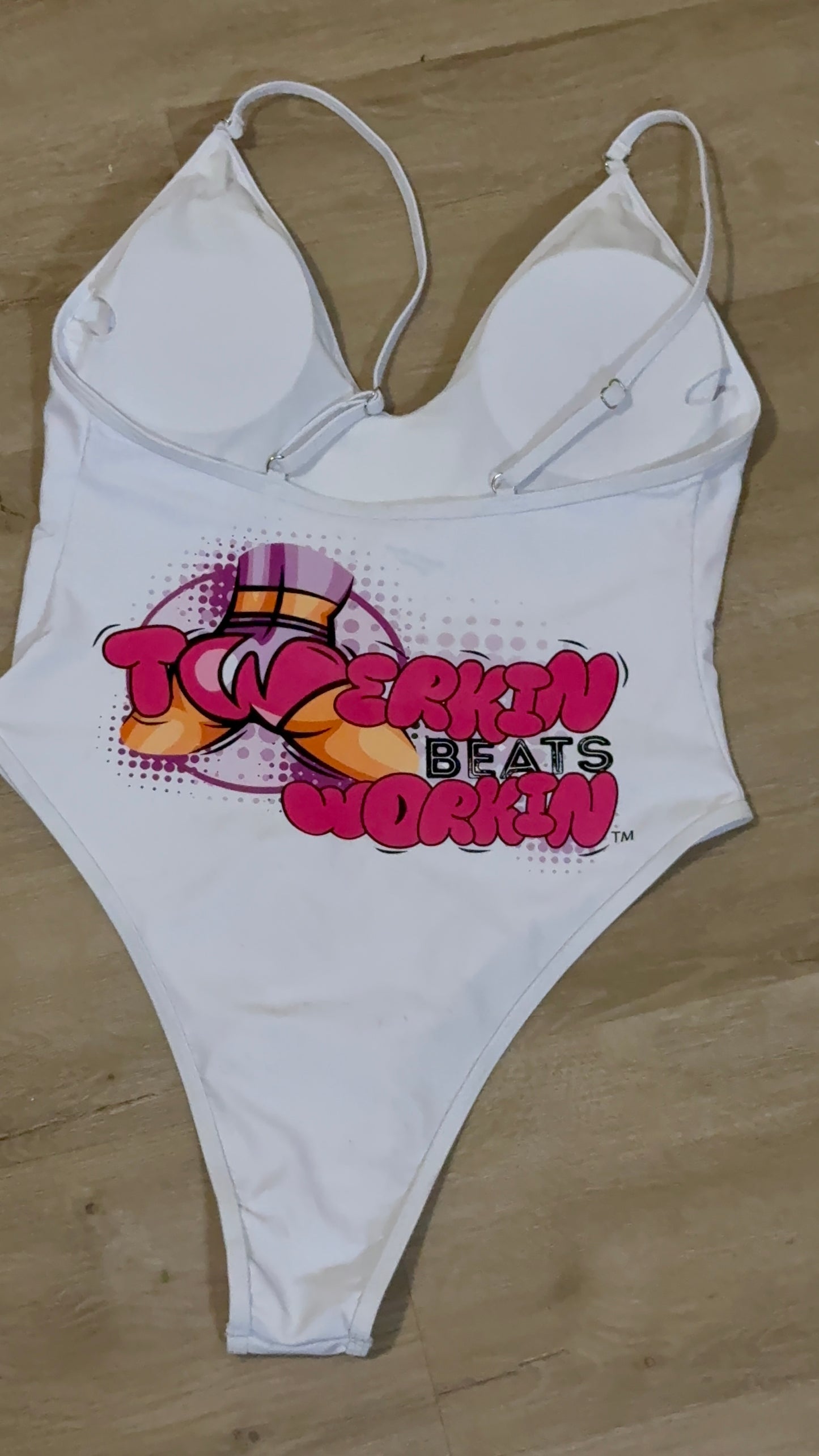 Pink and purple Twerkin’ Beats Workin’ booty designed one piece