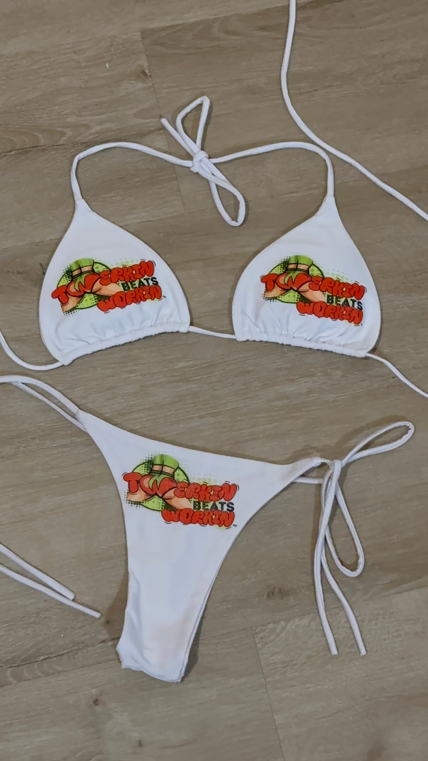 Orange & green Twerkin Beats Workin’ Booty designed string thong Bikini
