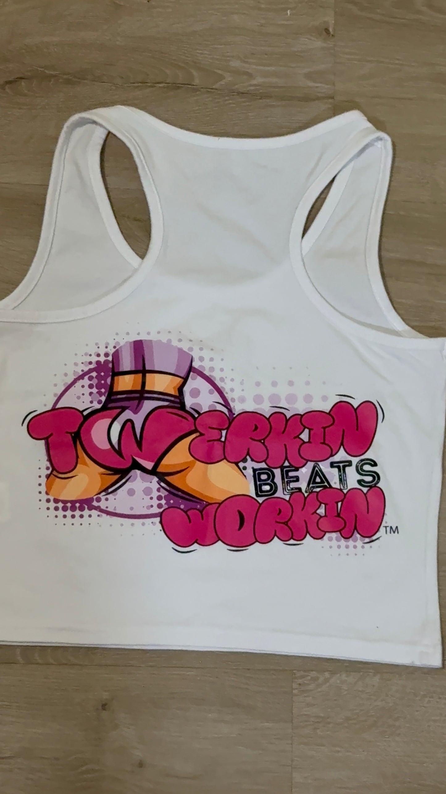 Glitter TBW on front of tank/ pink and purple TBW design on back of tank