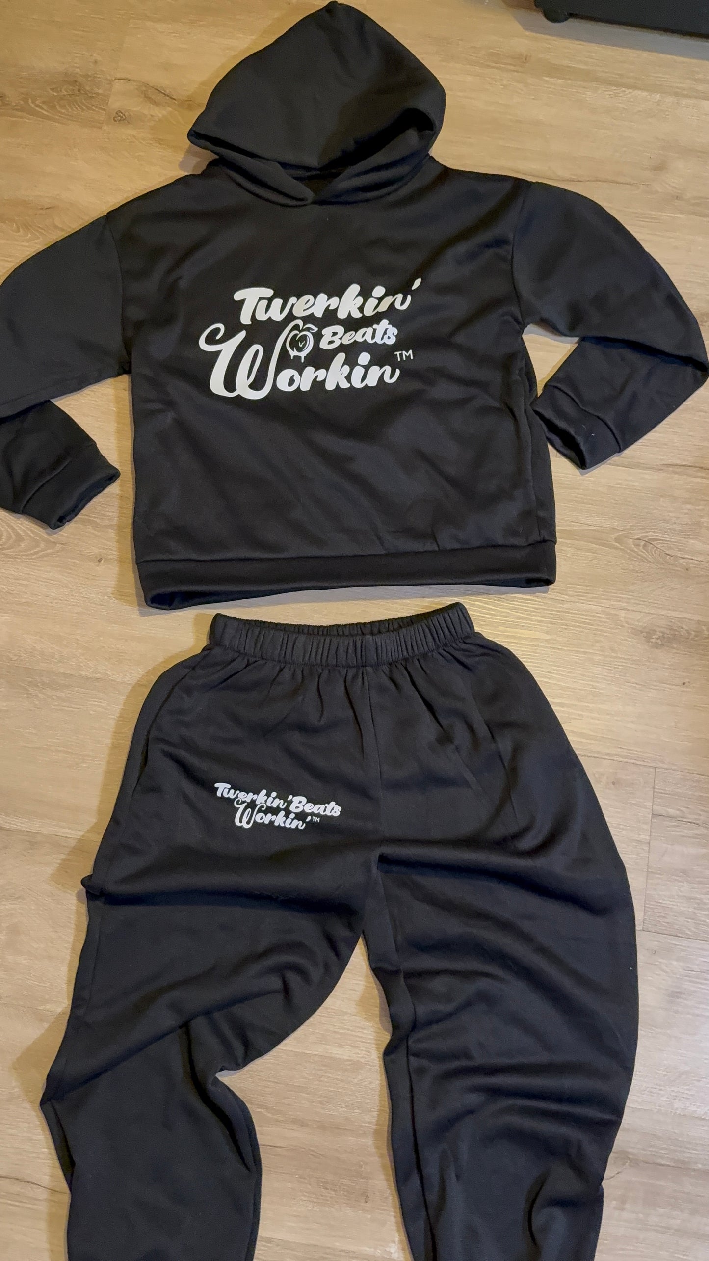 Black Unisex Twerkin’ Beats Workin’ peach design front of hoodie back of pants jogger set