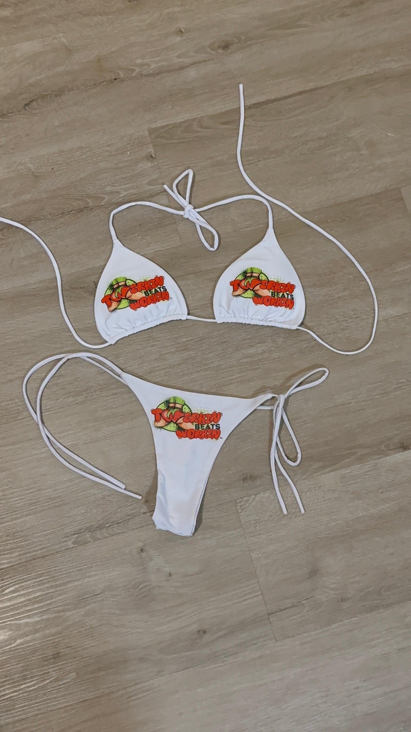 Orange & green Twerkin Beats Workin’ Booty designed string thong Bikini
