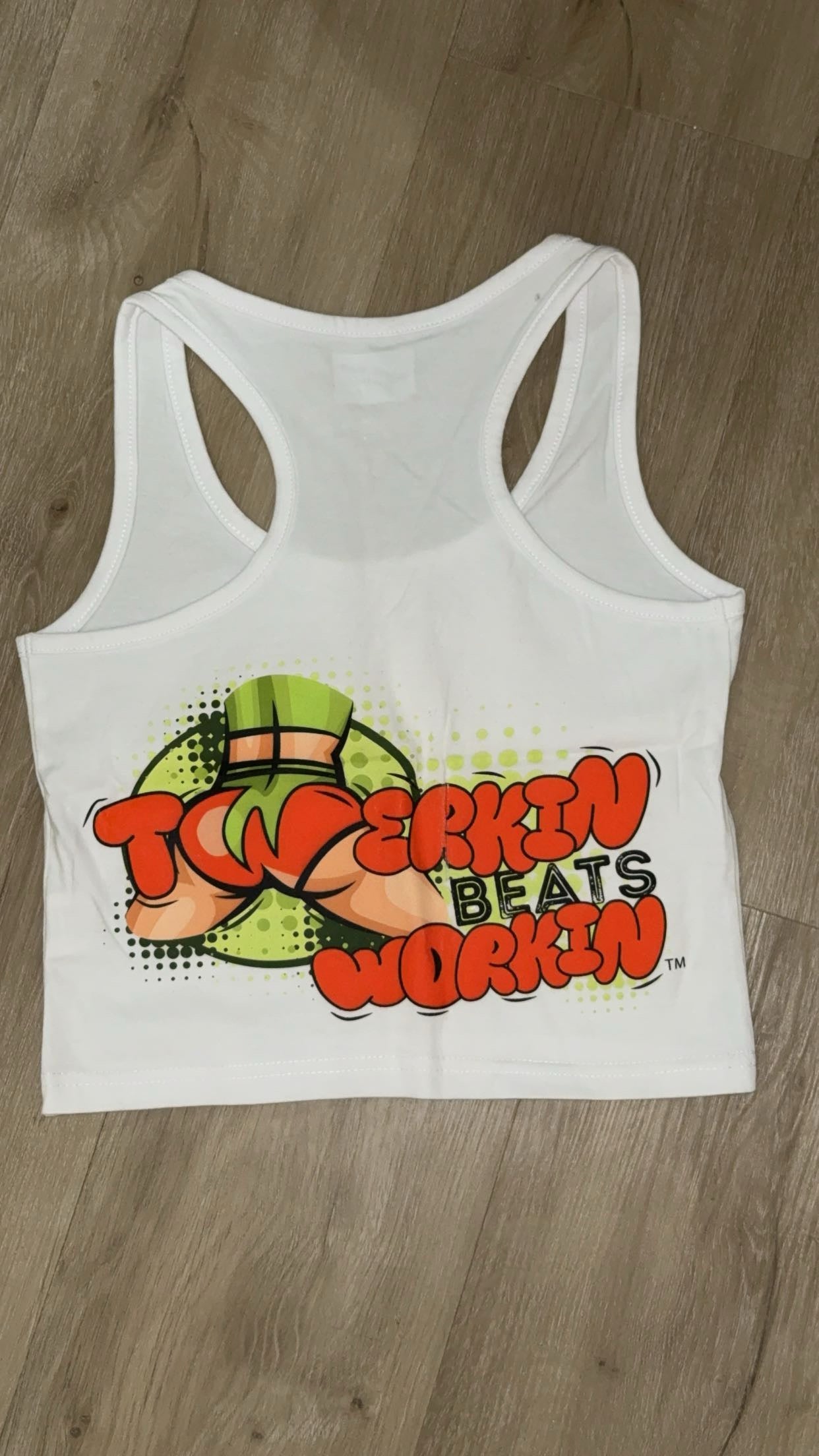 Glitter TBW on front of tank/ orange & green TBW on back of tank