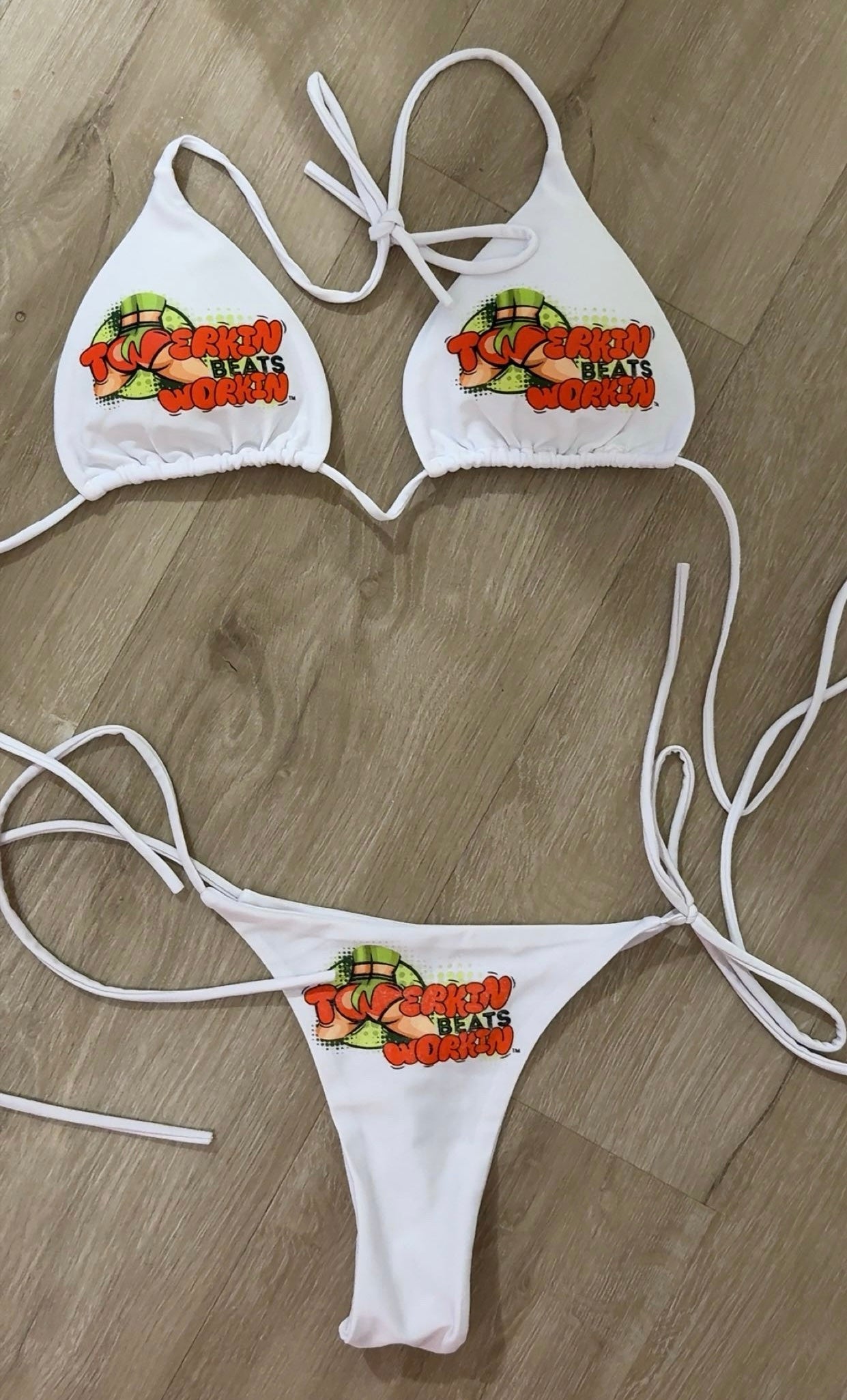 Orange & green Twerkin Beats Workin’ Booty designed string thong Bikini
