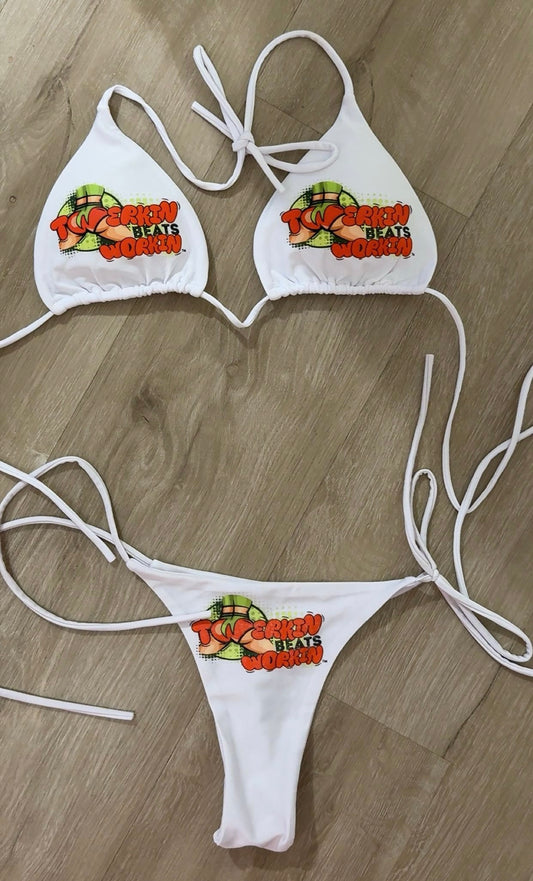 Orange & green Twerkin Beats Workin’ Booty designed string thong Bikini