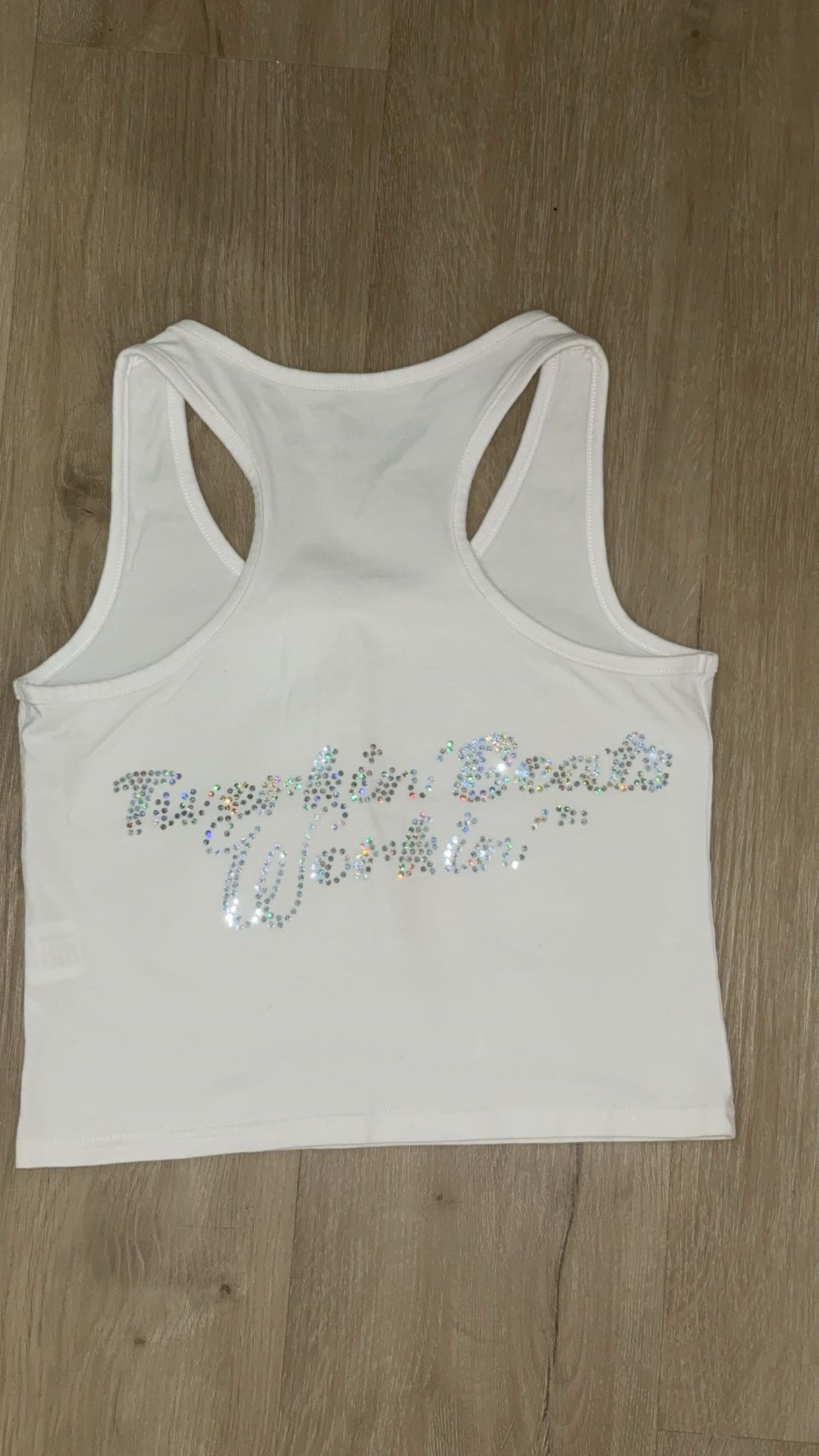 Orange and green TBW design on front of tank/glitter TBW on back of tank