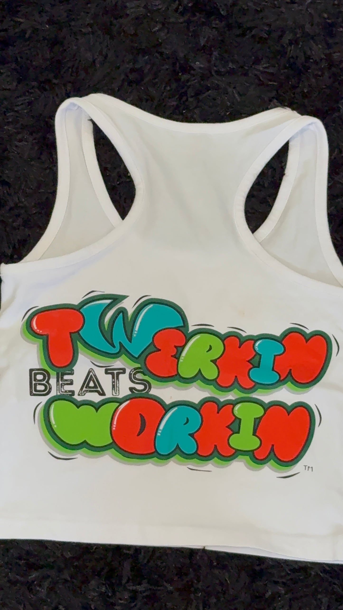 Glitter TBW on front of tank/ Orange,blue and green TBW design on back of tank