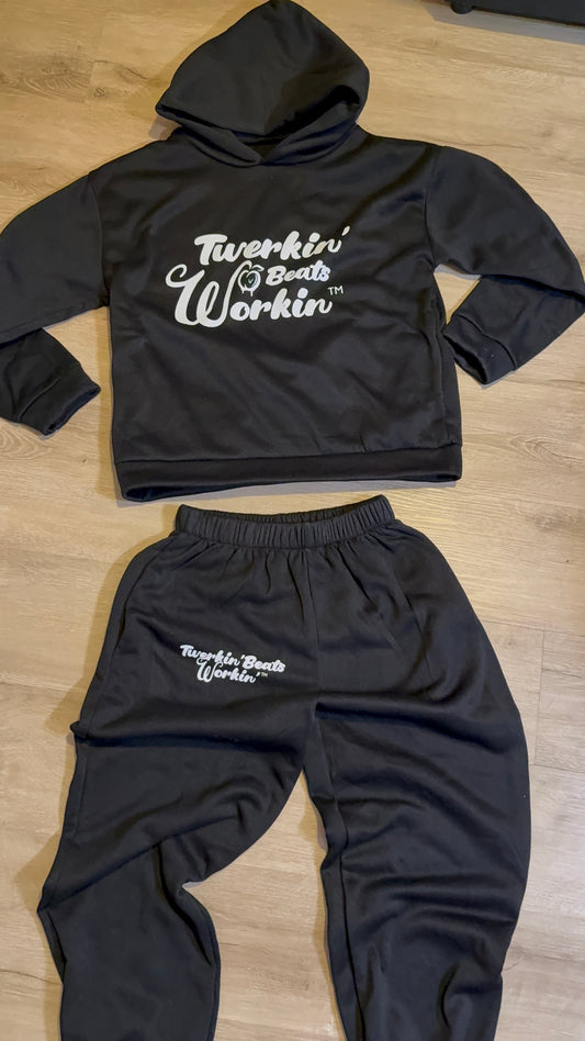 Black Unisex Twerkin’ Beats Workin’ peach design front of hoodie back of pants jogger set