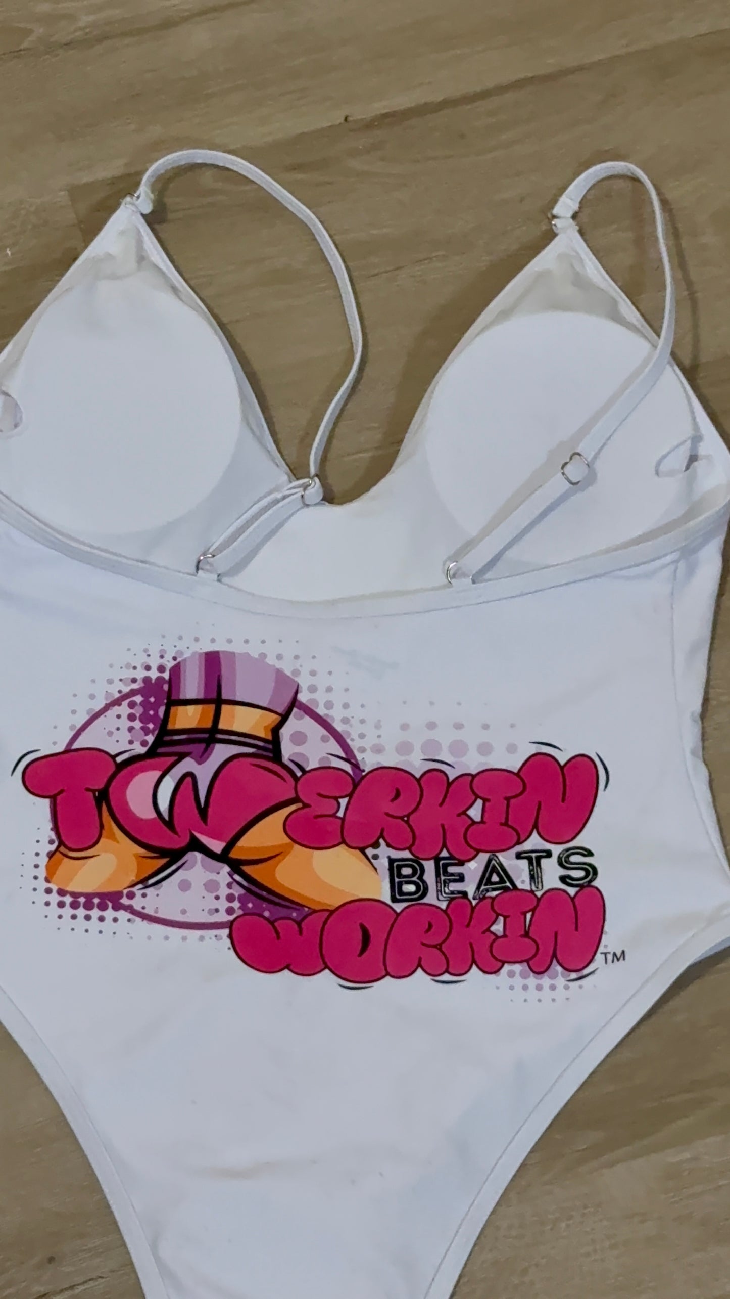 Pink and purple Twerkin’ Beats Workin’ booty designed one piece