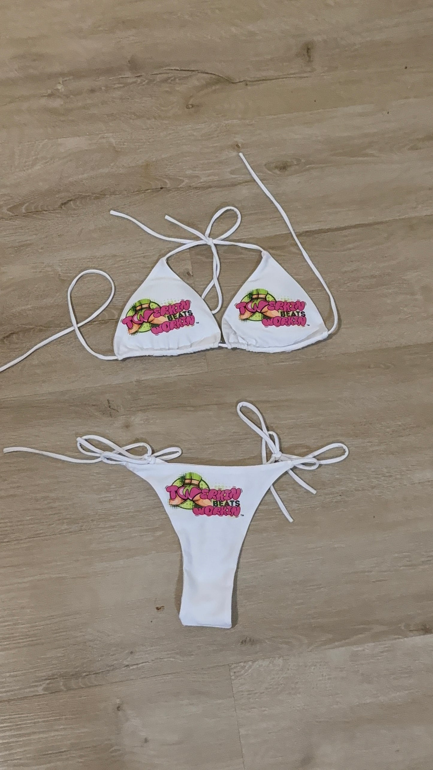 Pink & green Twerkin’ Beats Workin’ booty design thong string Bikini