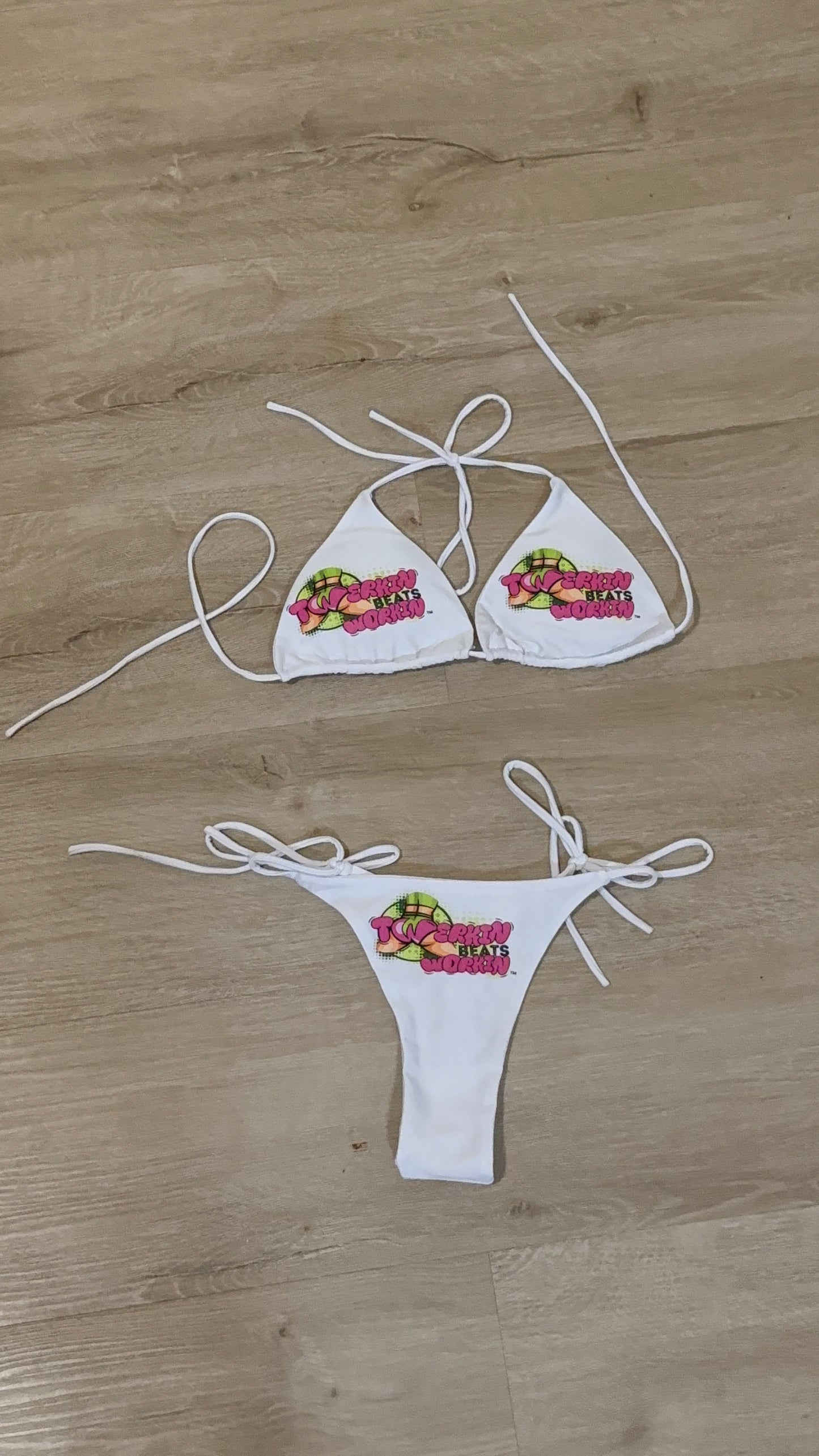 Pink & green Twerkin’ Beats Workin’ booty design thong string Bikini
