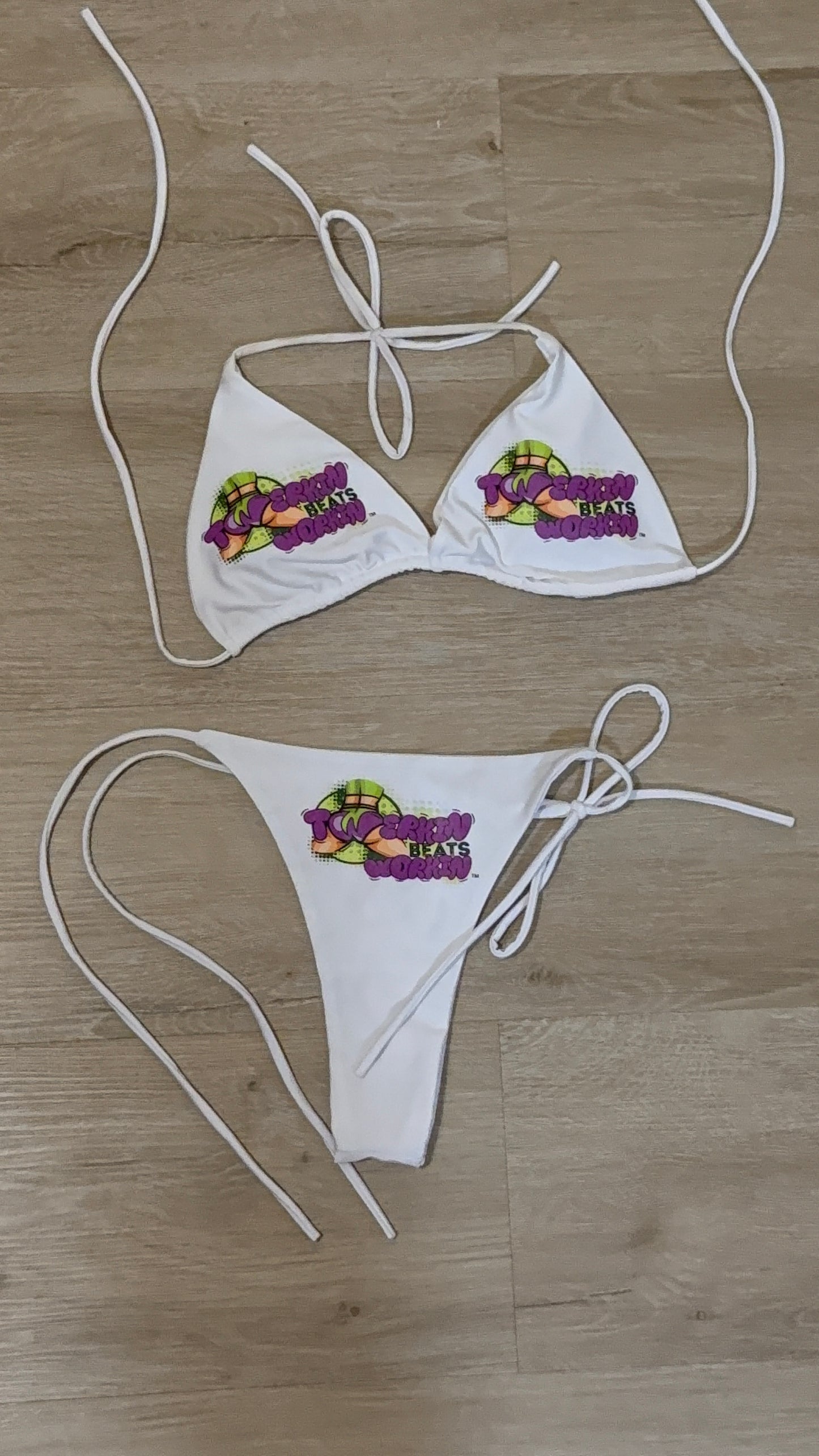 Purple & green Twerkin’ Beats Workin’ booty designed thong string Bikini