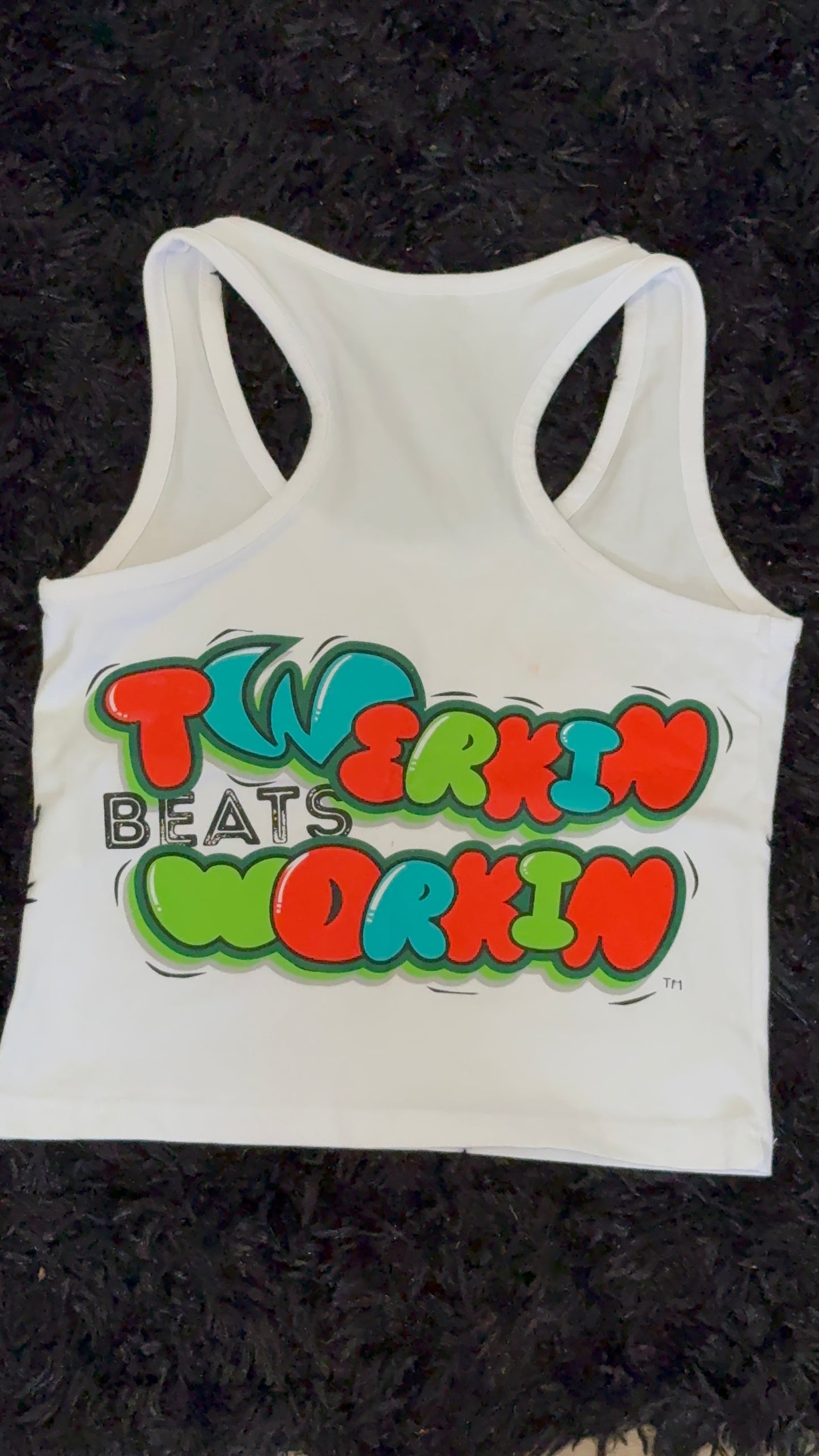 Glitter TBW on front of tank/ Orange,blue and green TBW design on back of tank