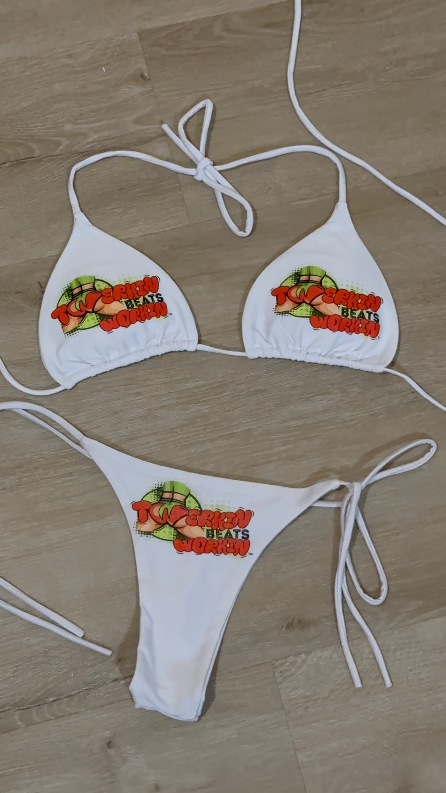 Orange & green Twerkin Beats Workin’ Booty designed string thong Bikini