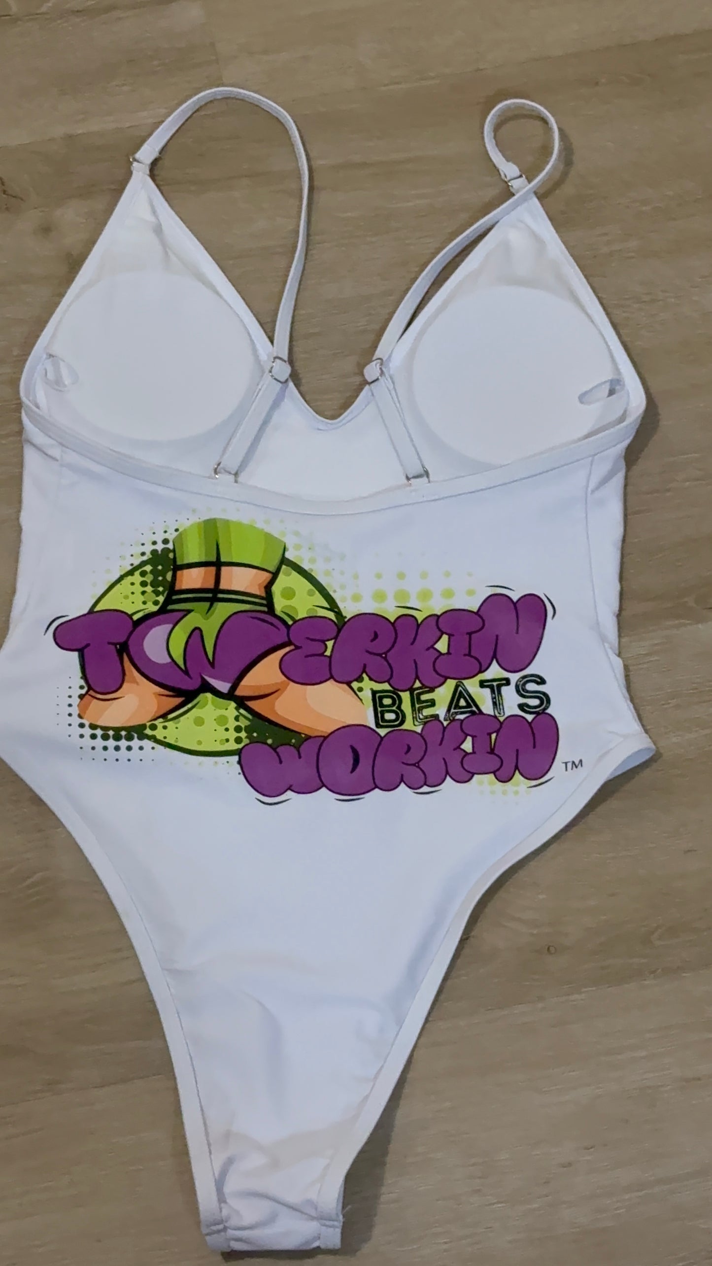 Purple and green booty designed Twerkin’ Beats Workin’ one piece