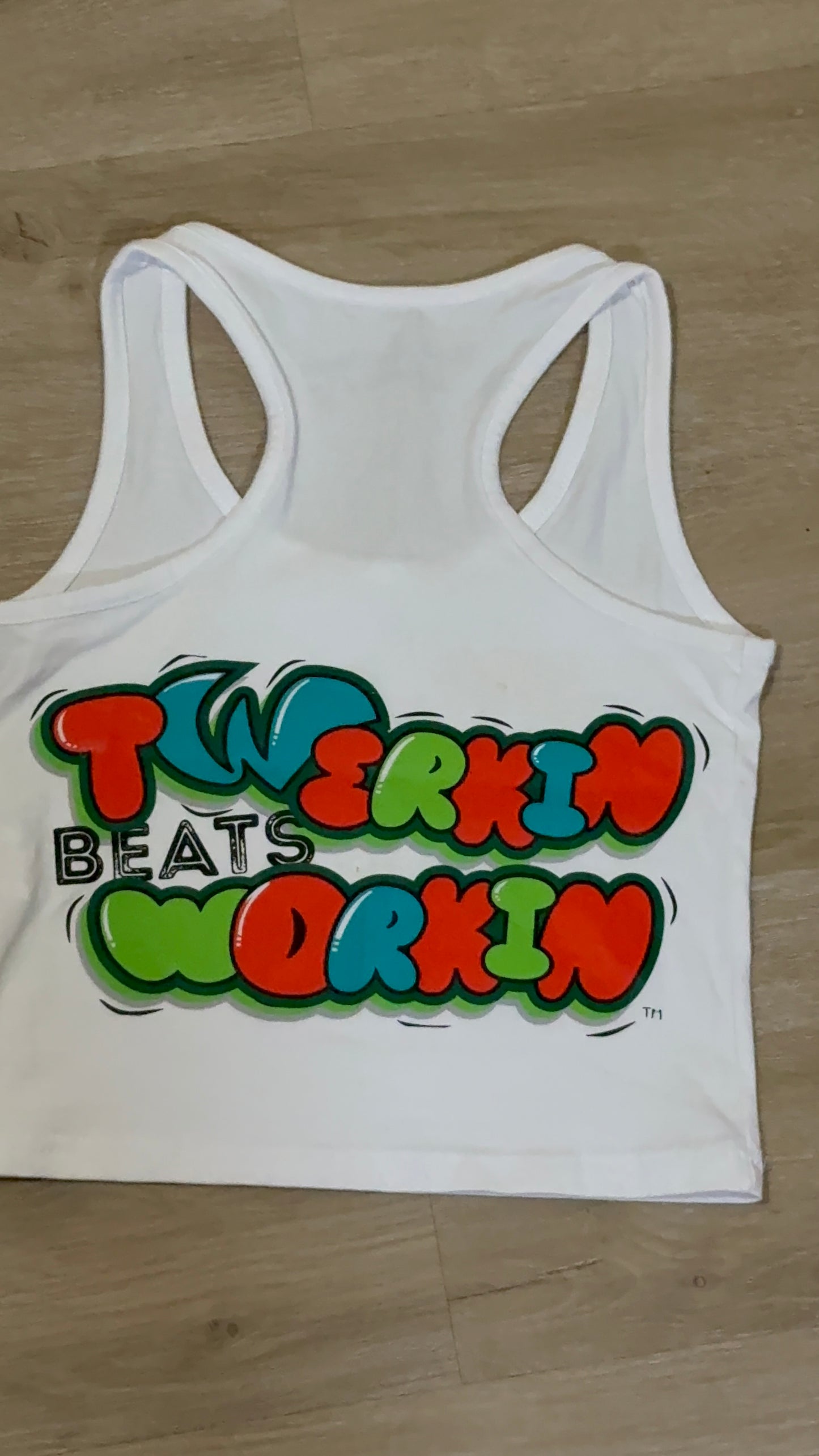 Glitter TBW on front of tank/ Orange,blue and green TBW design on back of tank