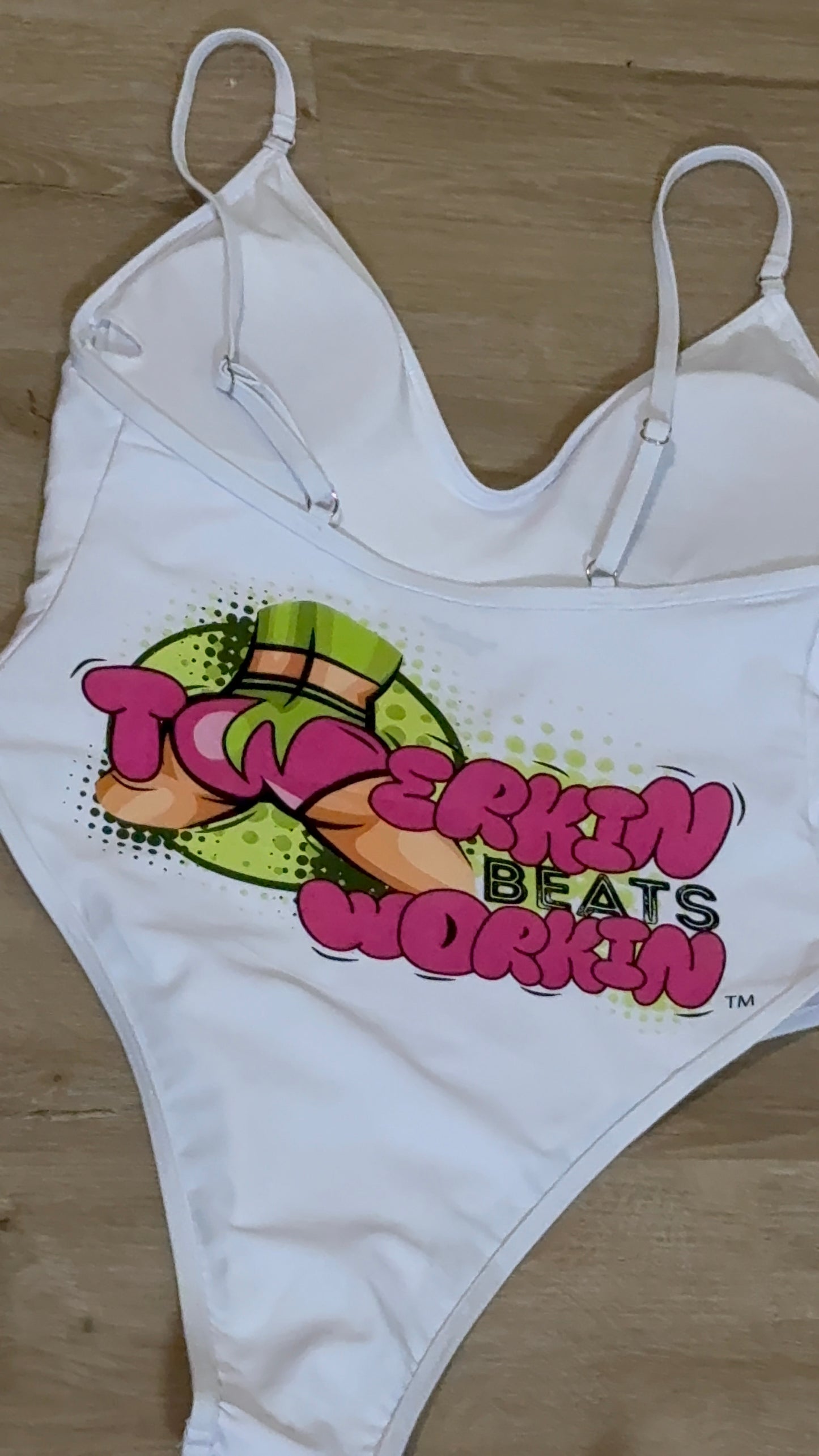 Pink and green Twerkin’ Beats Workin’Booty designed one piece