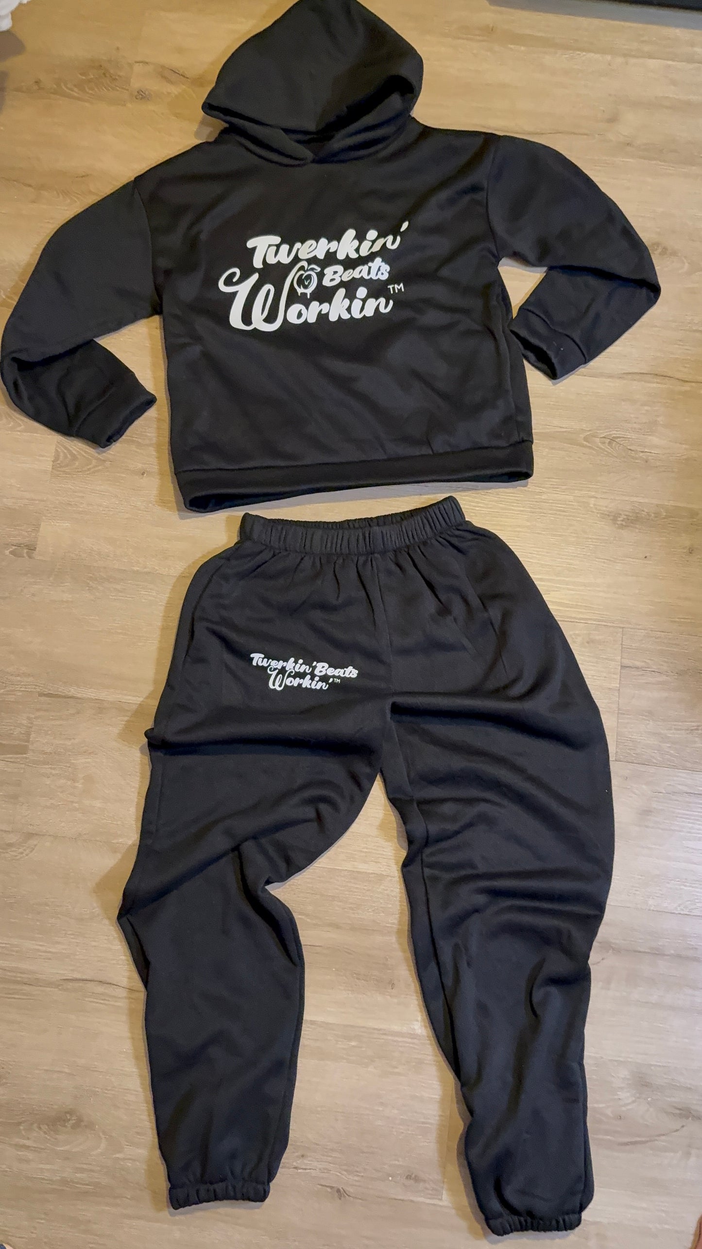 Black Unisex Twerkin’ Beats Workin’ peach design front of hoodie back of pants jogger set