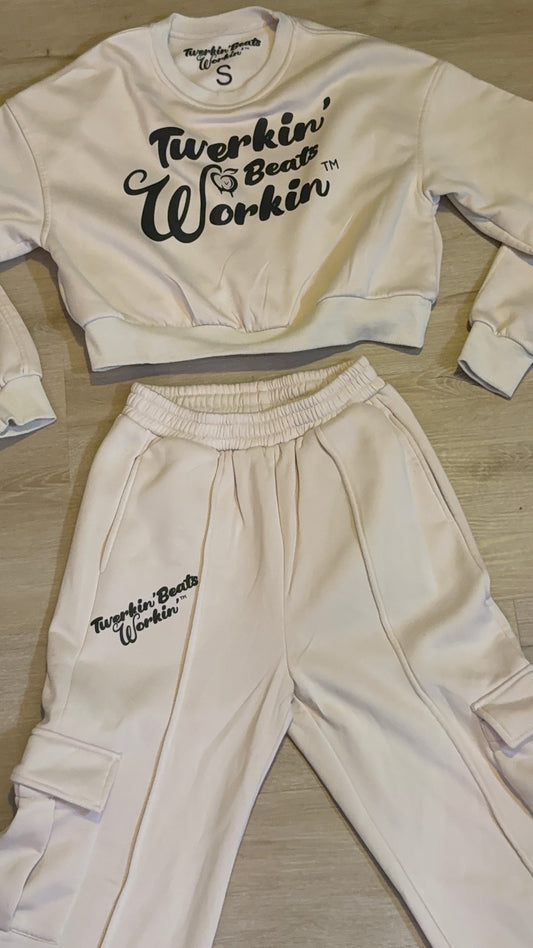 Tan with black Twerkin’ Beats Workin’ peach designed Jogger with back and side pockets