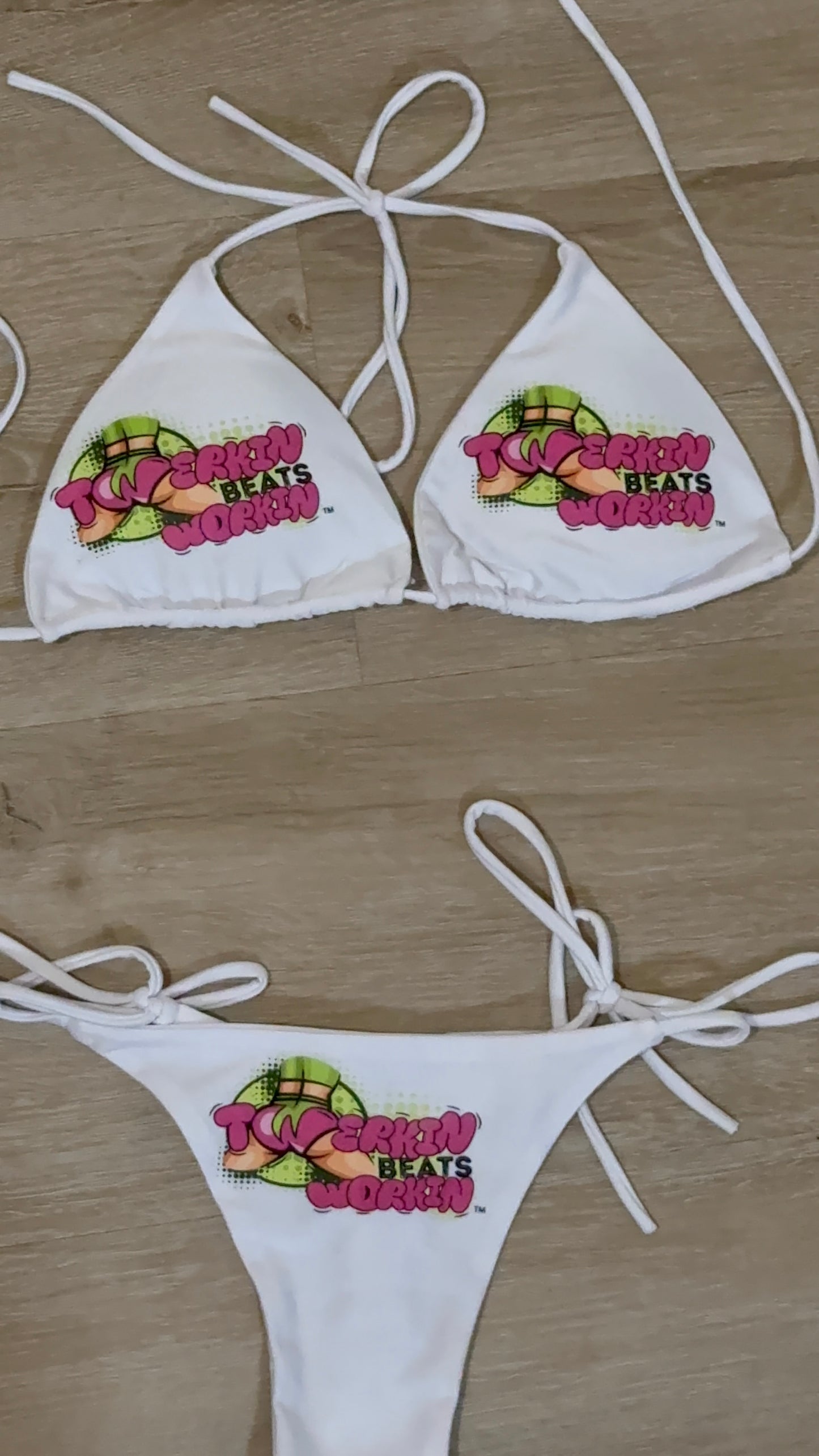 Pink & green Twerkin’ Beats Workin’ booty design thong string Bikini