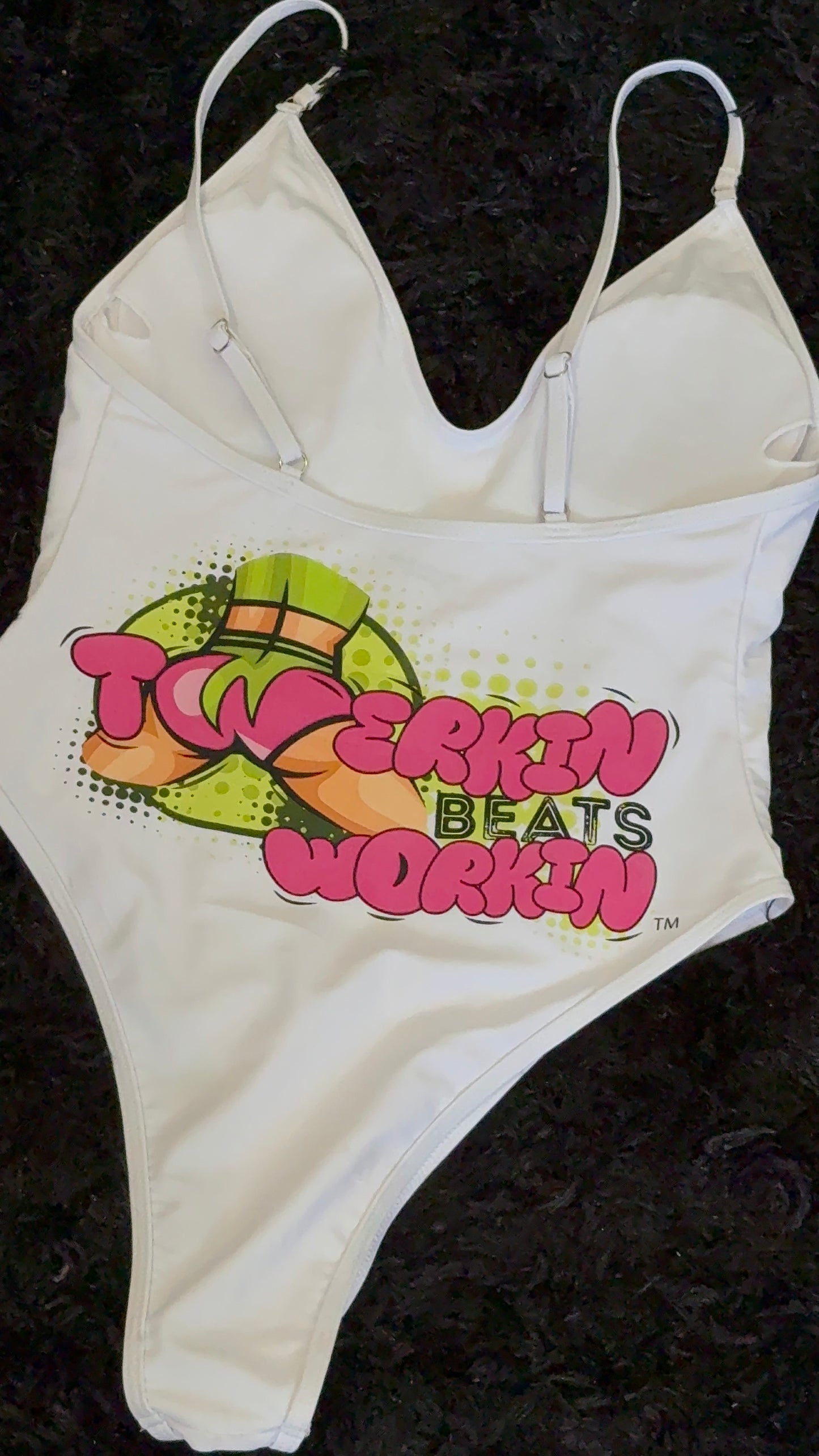 Pink and green Twerkin’ Beats Workin’Booty designed one piece