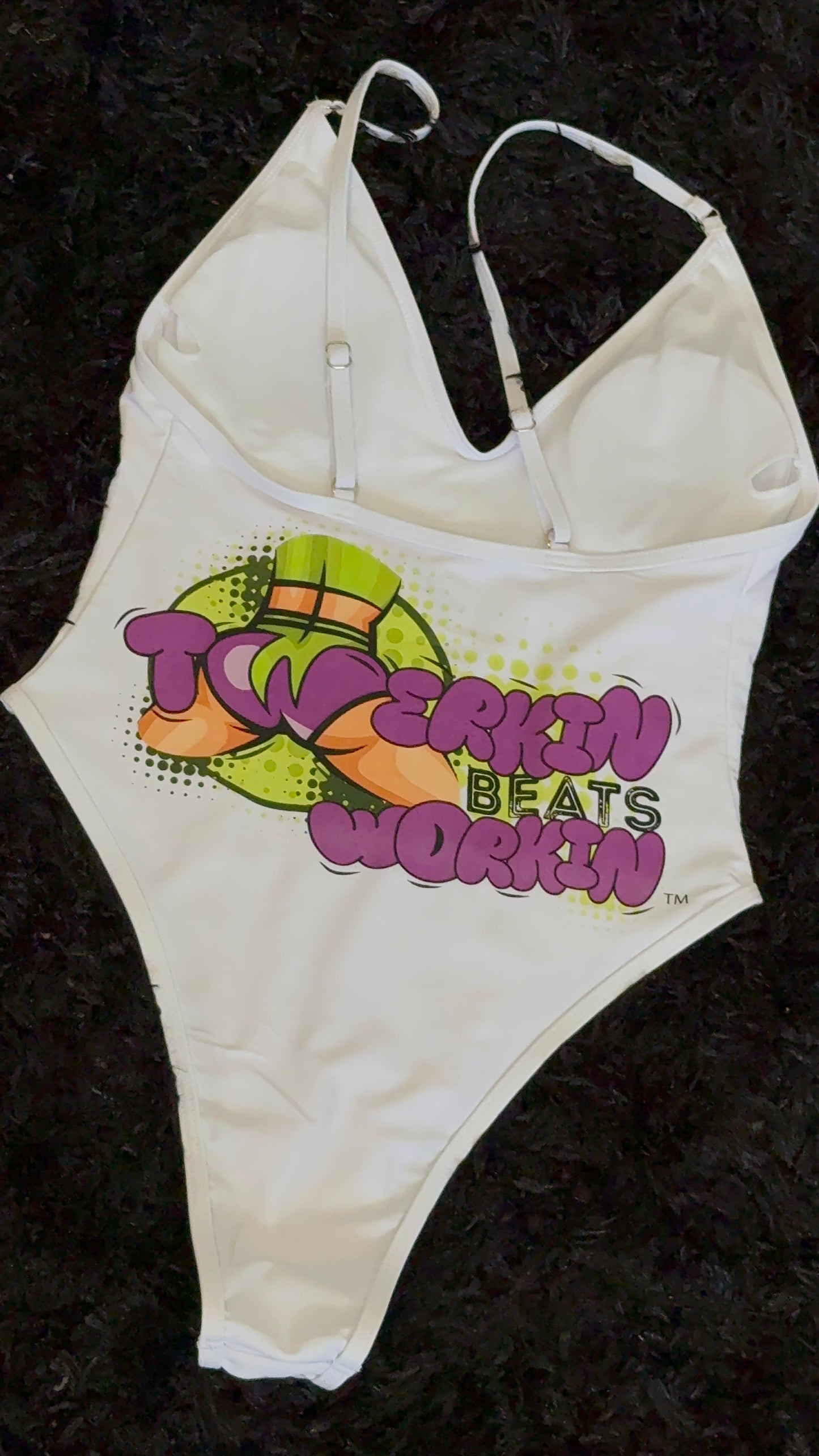 Purple and green booty designed Twerkin’ Beats Workin’ one piece