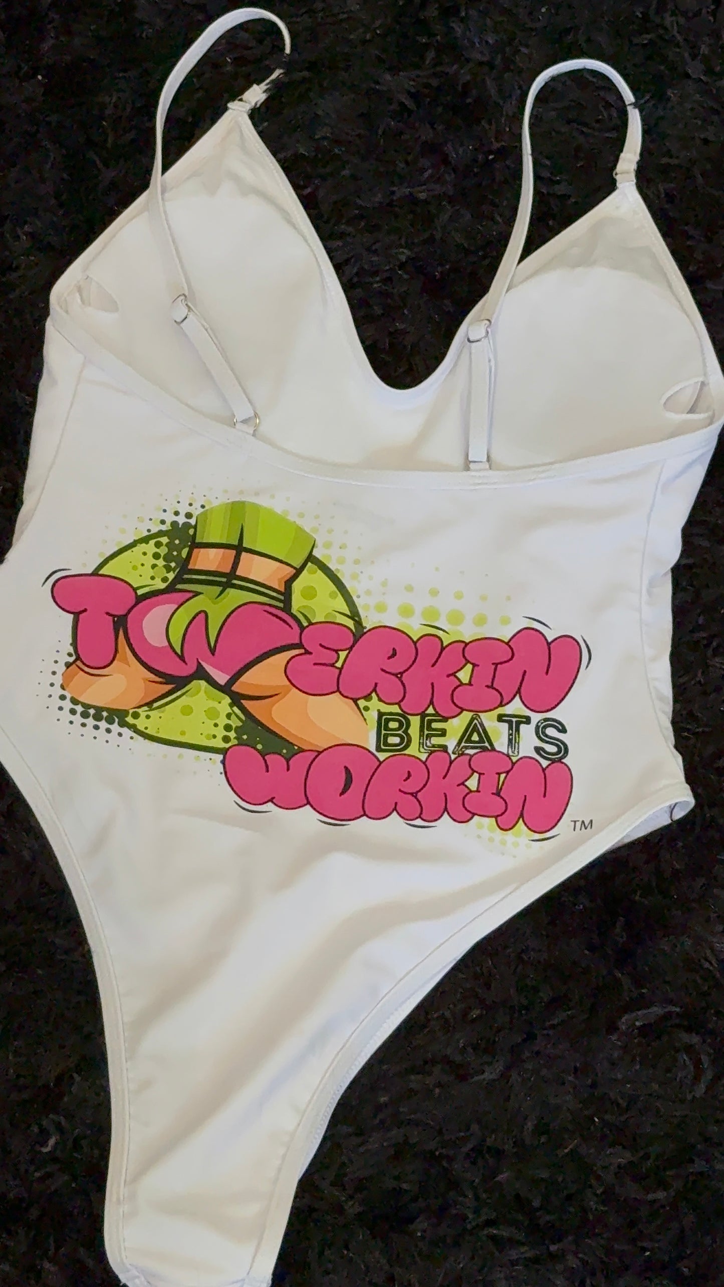 Pink and green Twerkin’ Beats Workin’Booty designed one piece