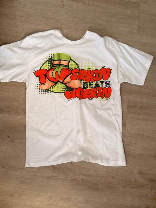 Orange & green TBW design on front of t-shirt