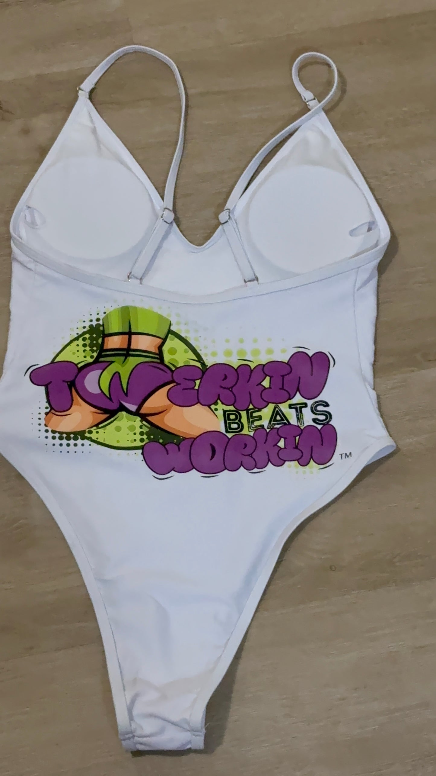 Purple and green booty designed Twerkin’ Beats Workin’ one piece
