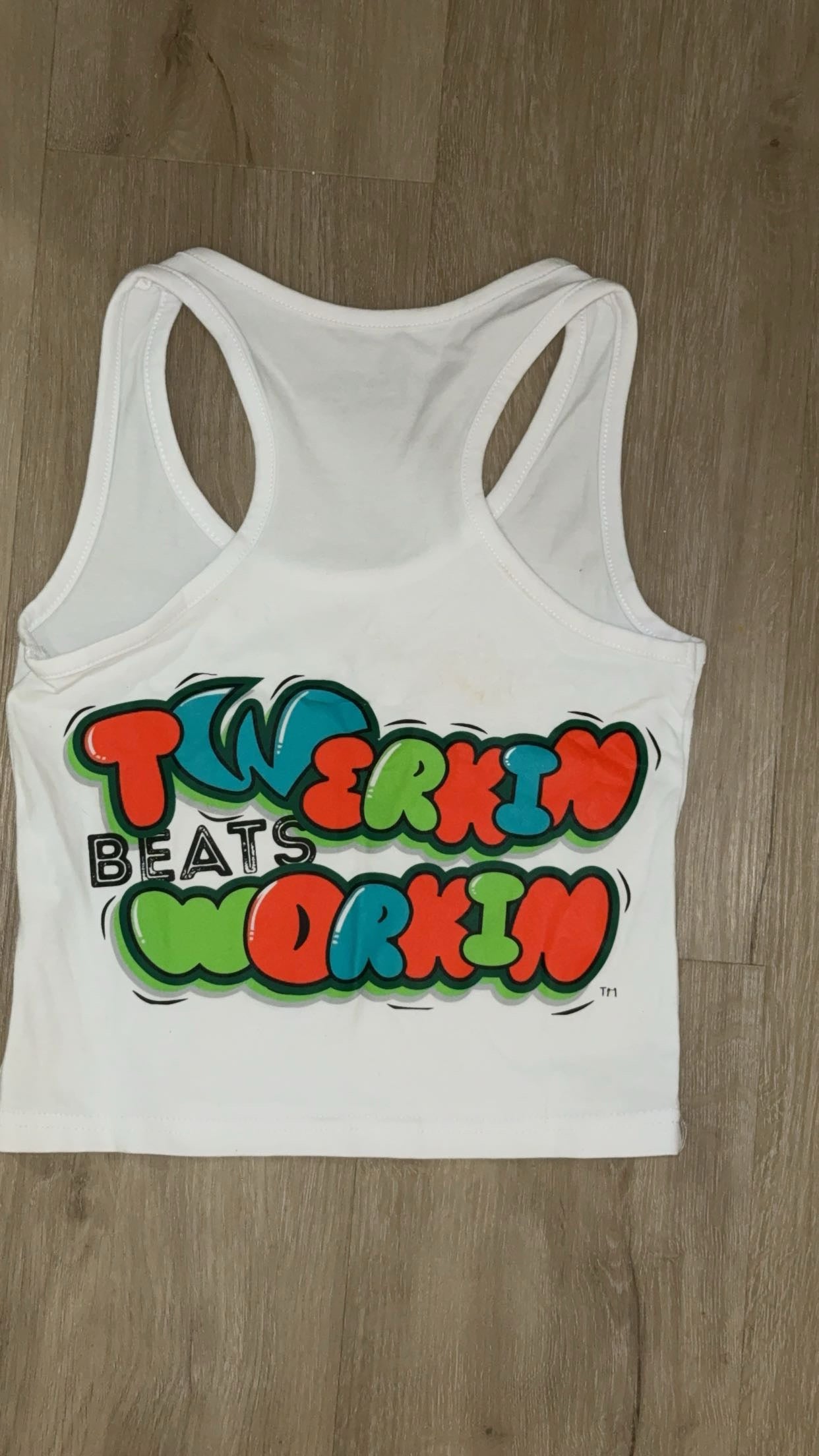 Glitter TBW on front of tank/ Orange,blue and green TBW design on back of tank