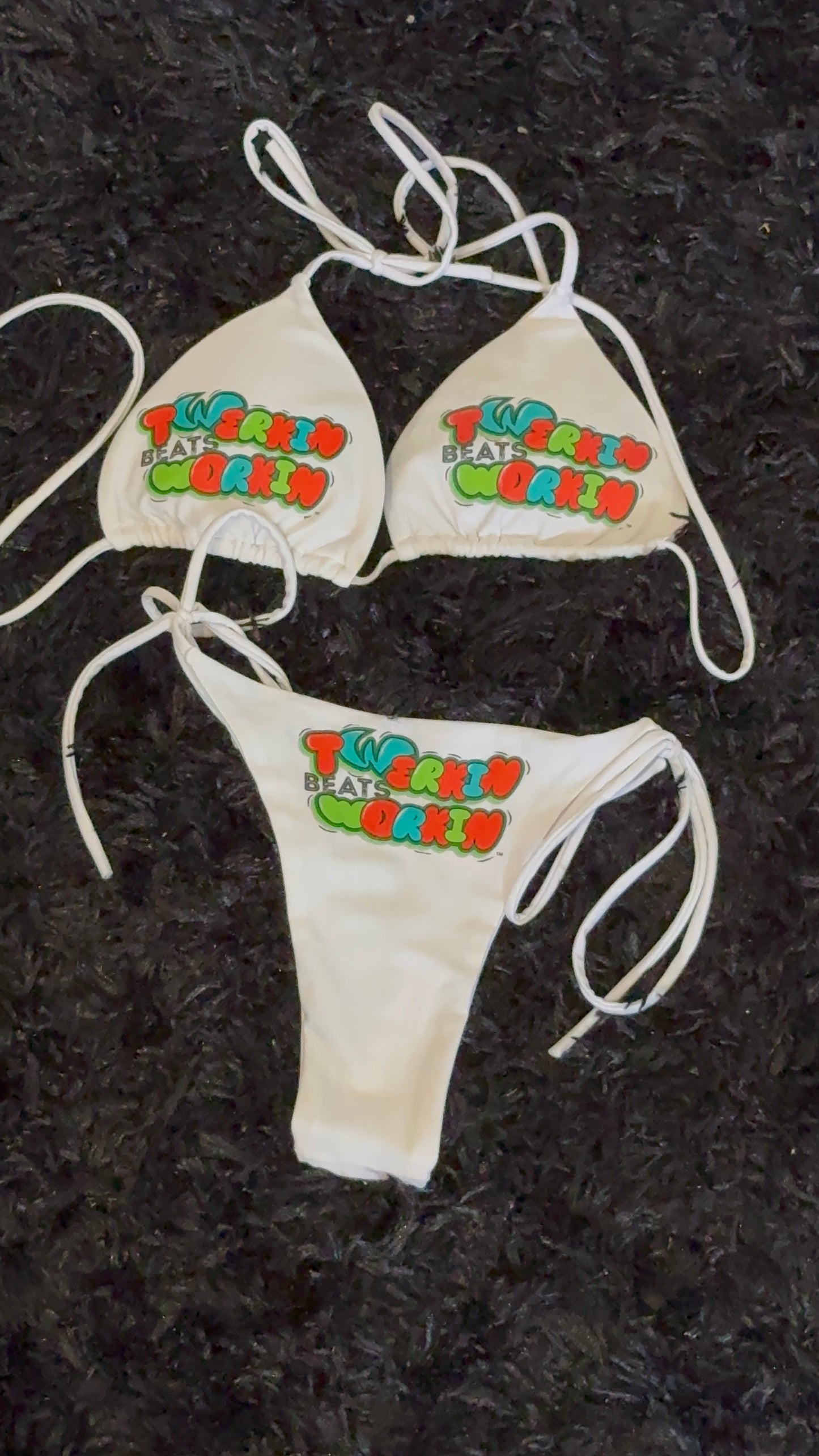 Orange, blue & green Twerkin’ Beats Workin’ designed string thong bikini